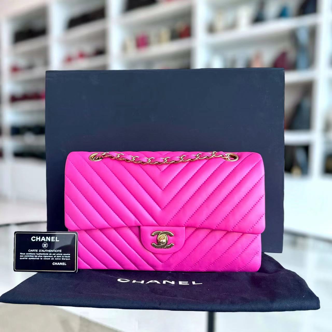 Chanel Medium Classic Flap Chevron Lambskin Hot Pink Golden Hardware Series 21 - Luxury Evermore