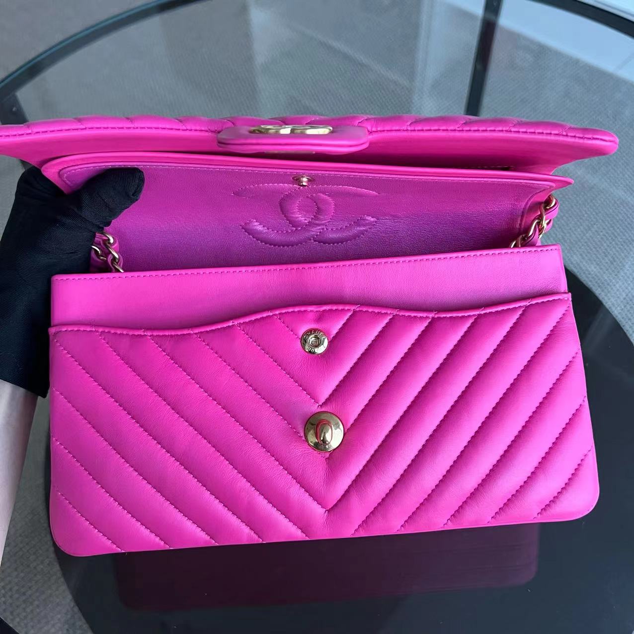 Chanel Medium Classic Flap Chevron Lambskin Hot Pink Golden Hardware Series 21 - Luxury Evermore