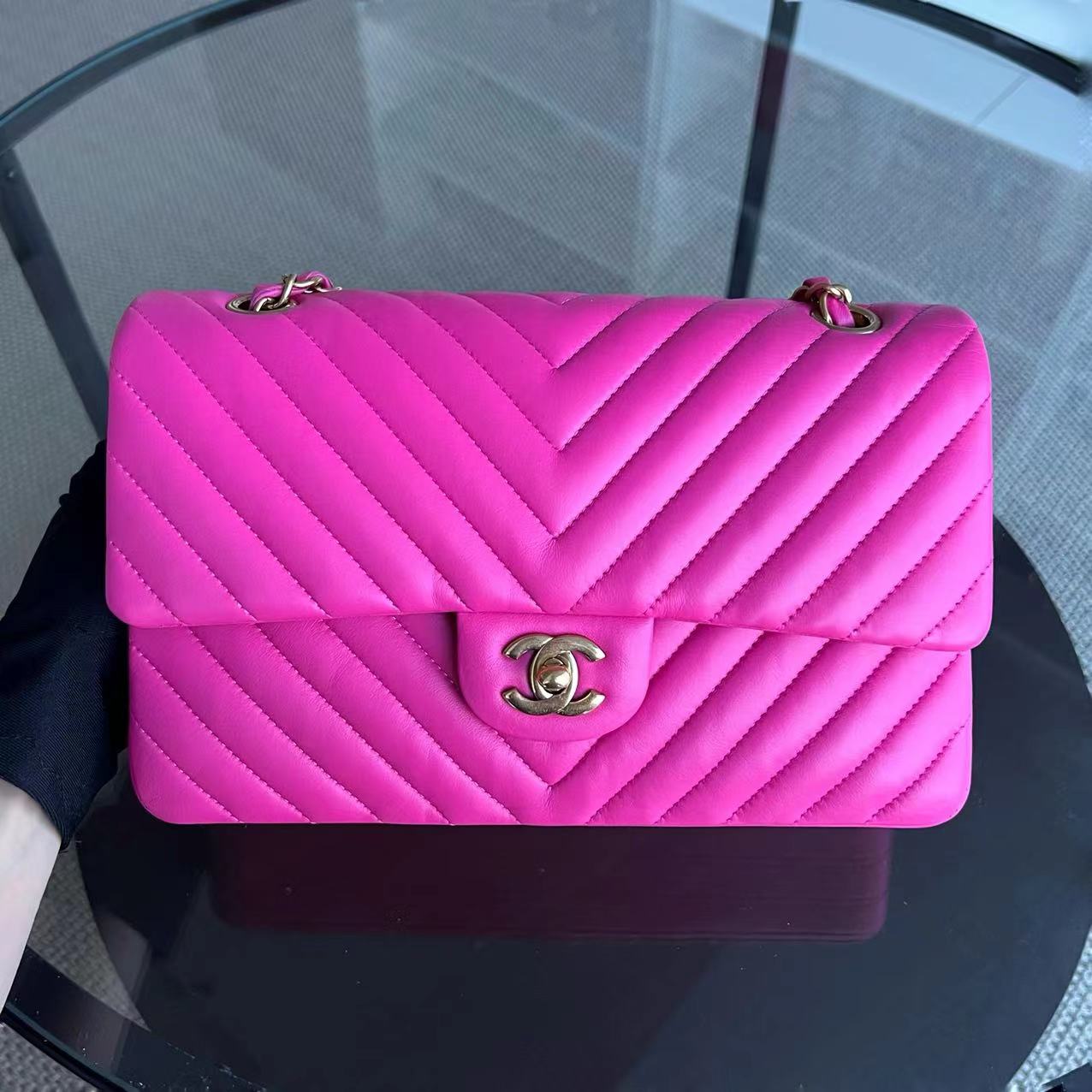 Chanel Medium Classic Flap Chevron Lambskin Hot Pink Golden Hardware Series 21 - Luxury Evermore