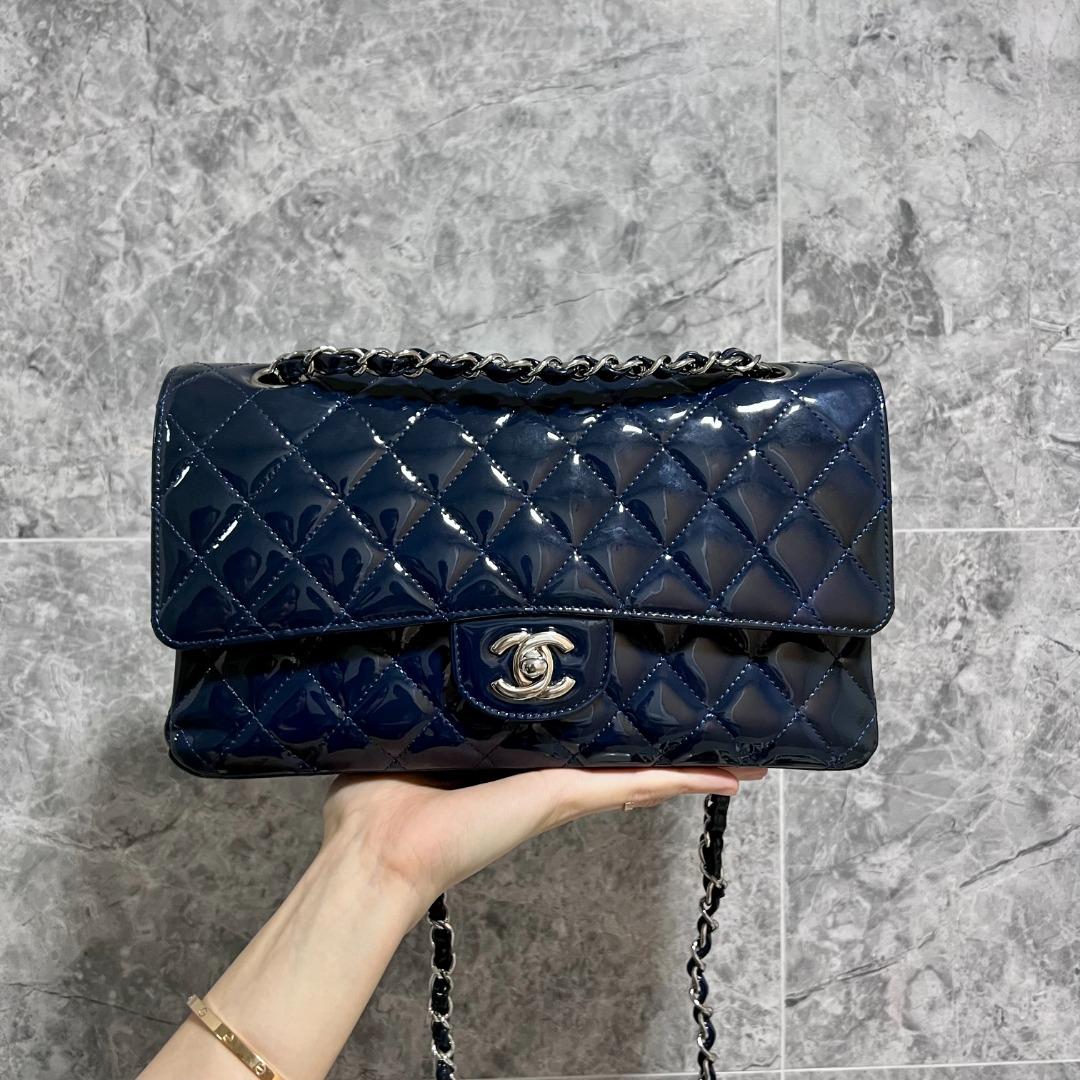 Chanel Medium Classic Flap Dark Blue Patent Leather No 13 - Luxury Evermore