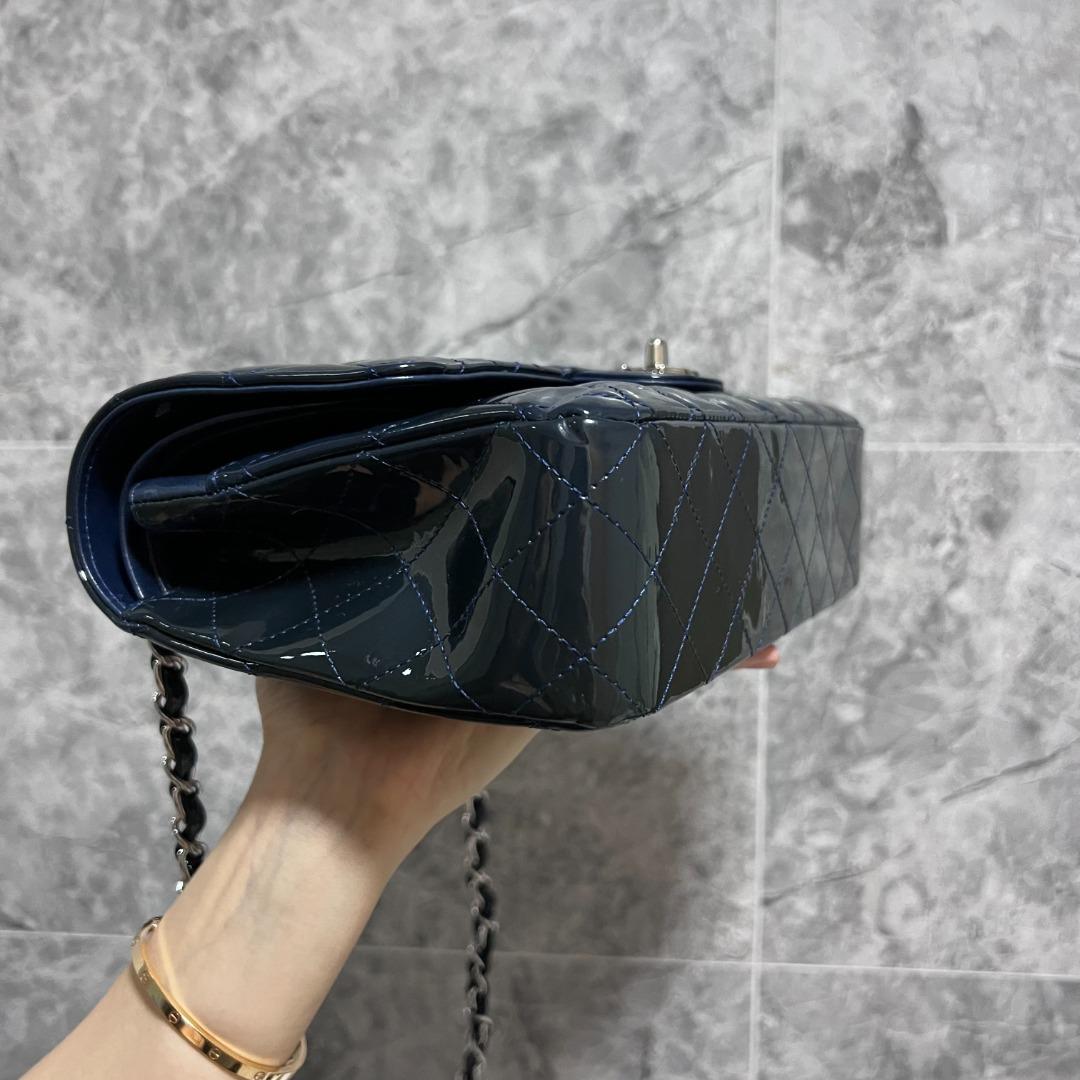 Chanel Medium Classic Flap Dark Blue Patent Leather No 13 - Luxury Evermore