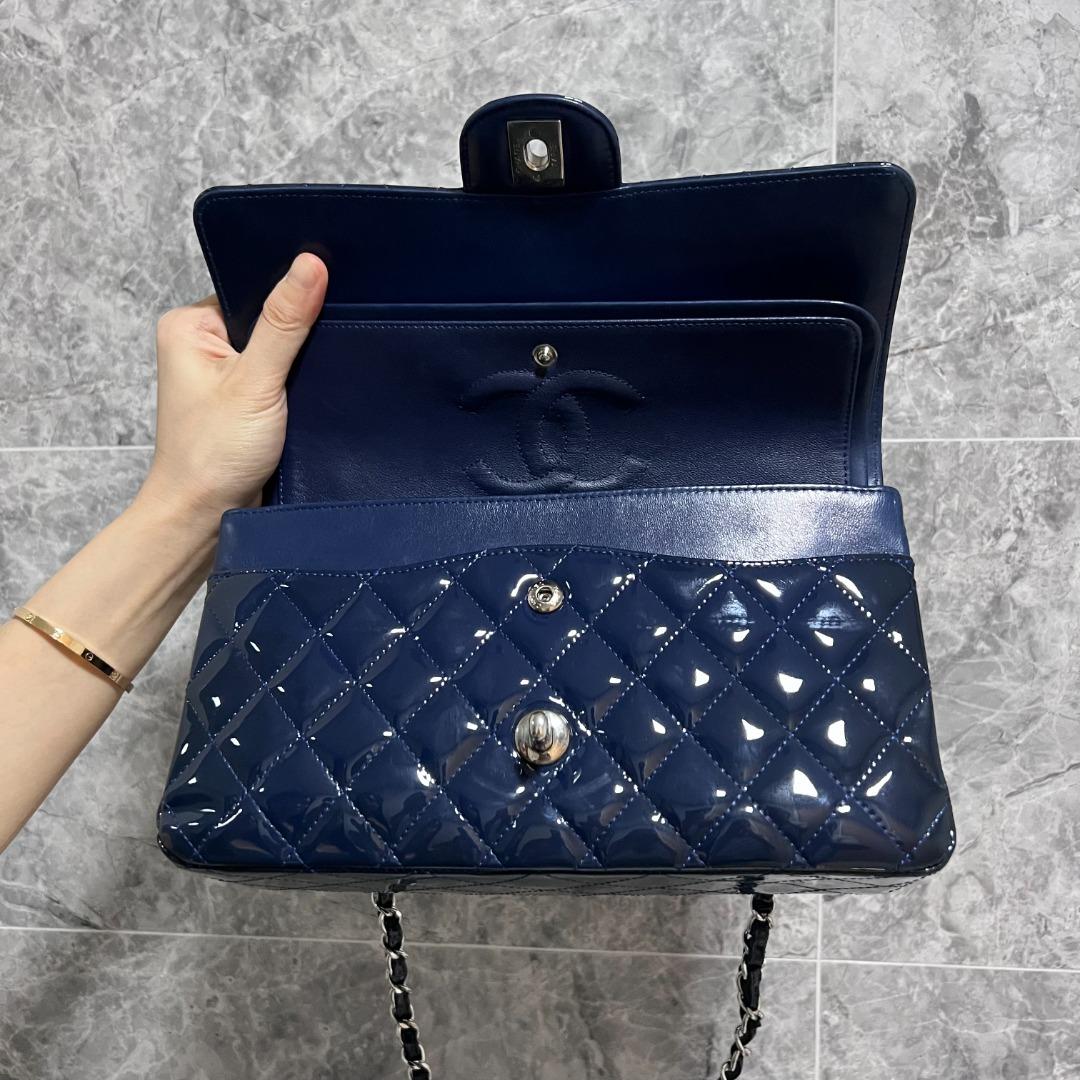 Chanel Medium Classic Flap Dark Blue Patent Leather No 13 - Luxury Evermore