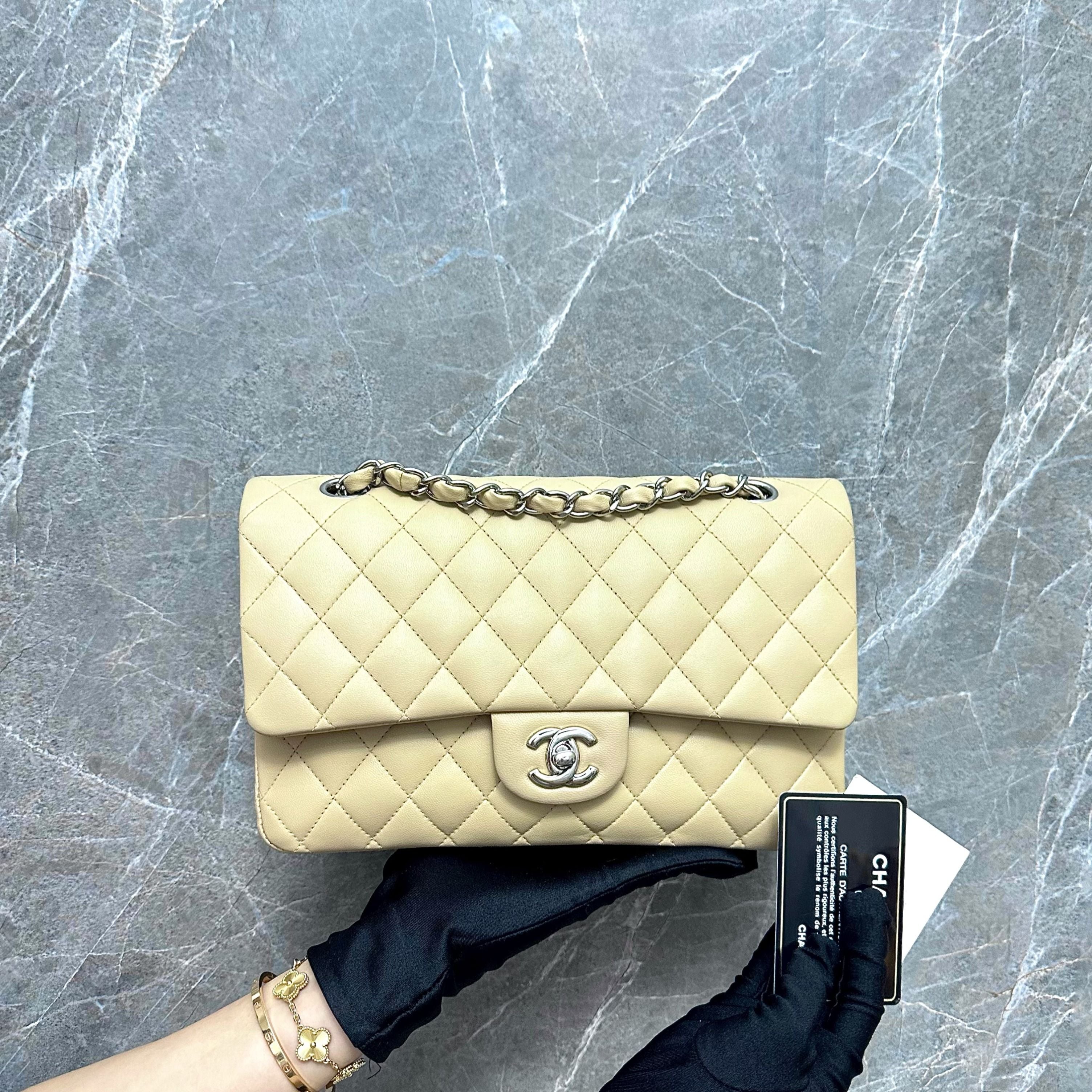 Chanel Medium Classic Flap Double Flap 25 CM Lambskin Beige SHW No 14 - Luxury Evermore