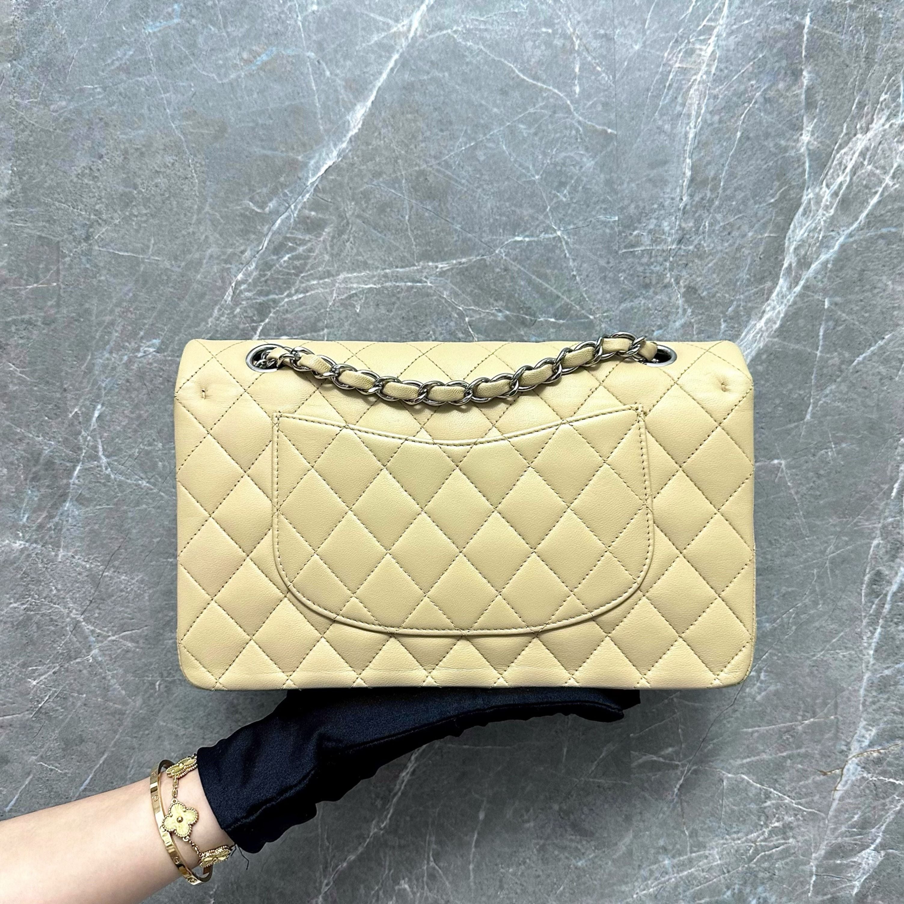 Chanel Medium Classic Flap Double Flap 25 CM Lambskin Beige SHW No 14 - Luxury Evermore