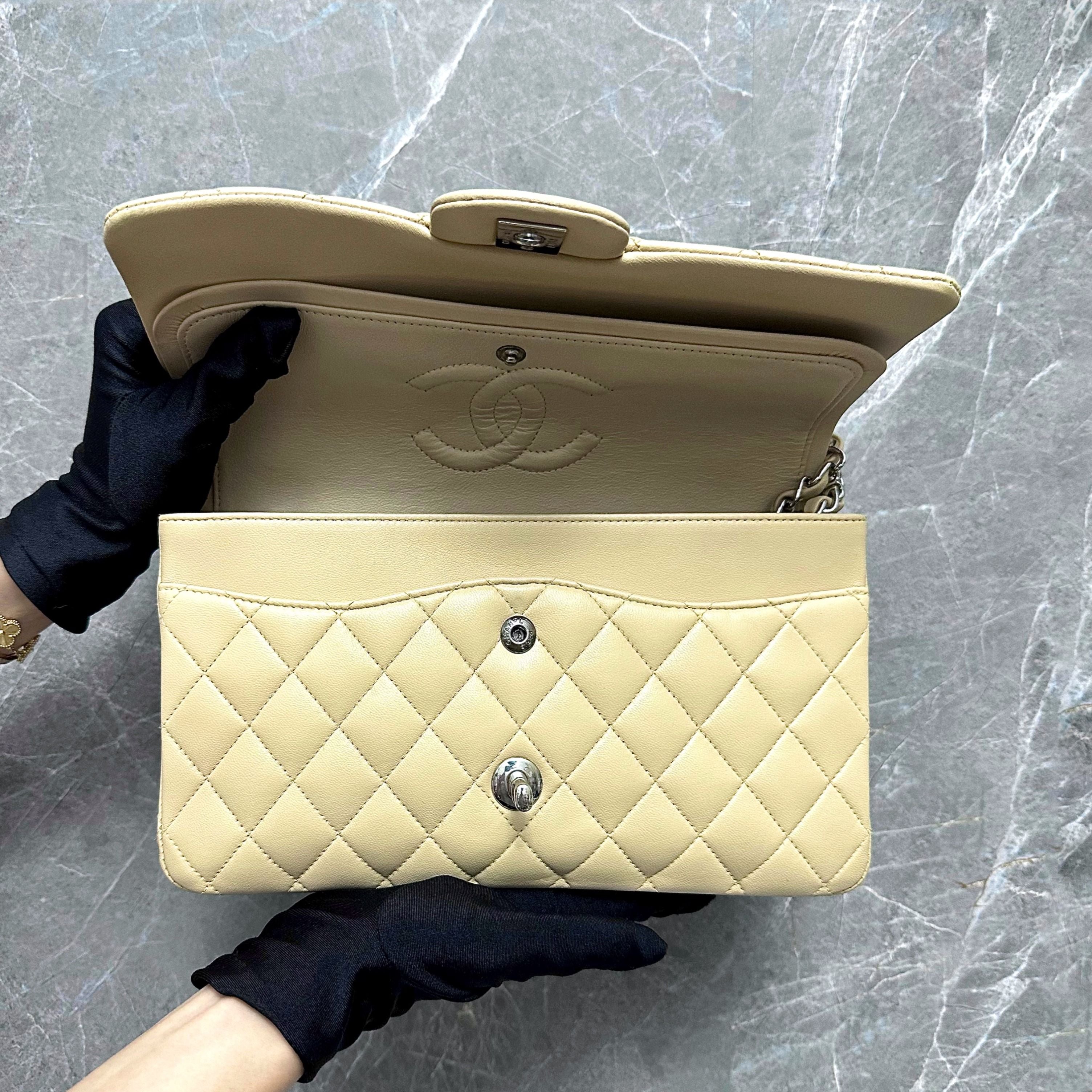 Chanel Medium Classic Flap Double Flap 25 CM Lambskin Beige SHW No 14 - Luxury Evermore