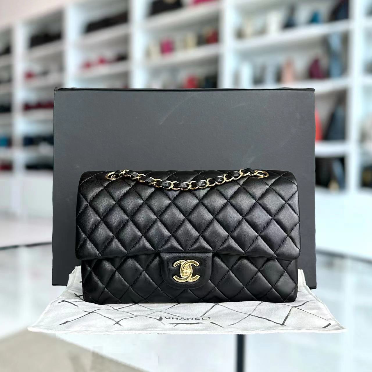 Chanel Medium Classic Flap Double Flap 25CM Quilted Lambskin Black Golden Hardware Series 23 - Luxury Evermore