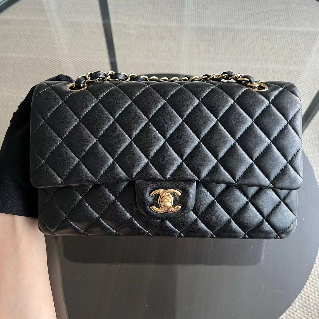 Chanel Medium Classic Flap Double Flap 25CM Quilted Lambskin Black Golden Hardware Series 23 - Luxury Evermore