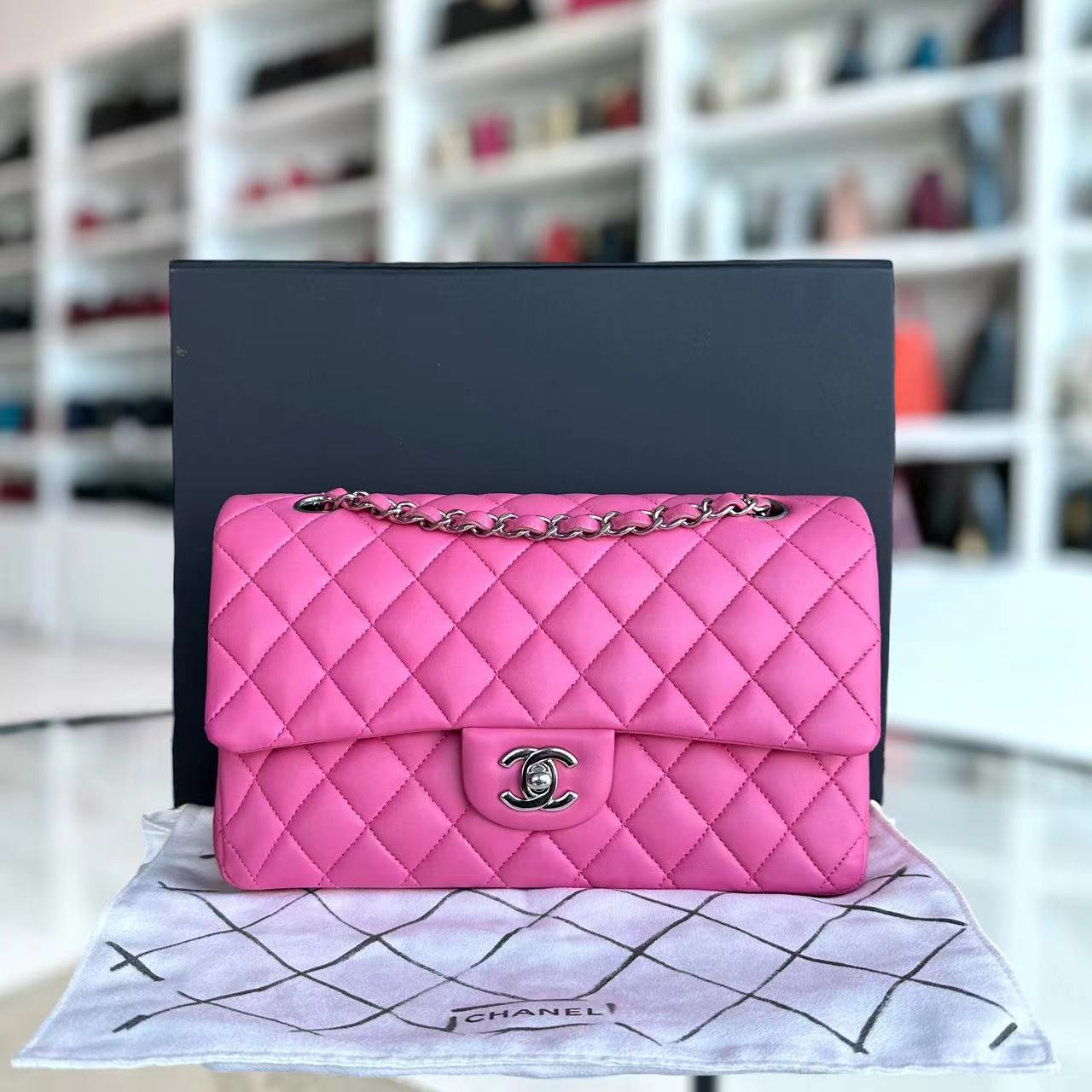 Chanel Medium Classic Flap Double Flap 25CM Quilted Lambskin Pink SHW No 27 - Luxury Evermore