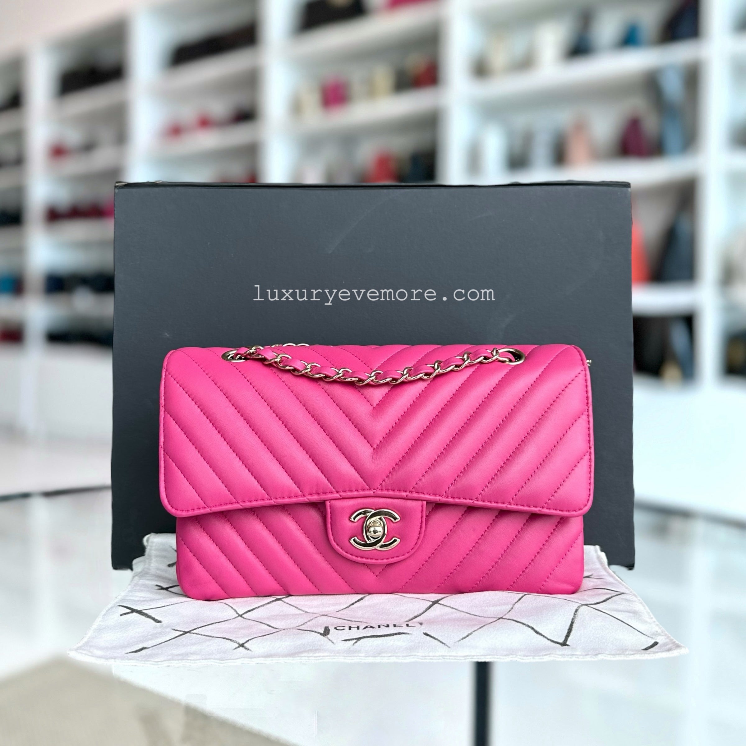 Chanel Medium Classic Flap Double Flap Chevron Lambskin Hot Pink Light Golden Hardware Series 24 - Luxury Evermore