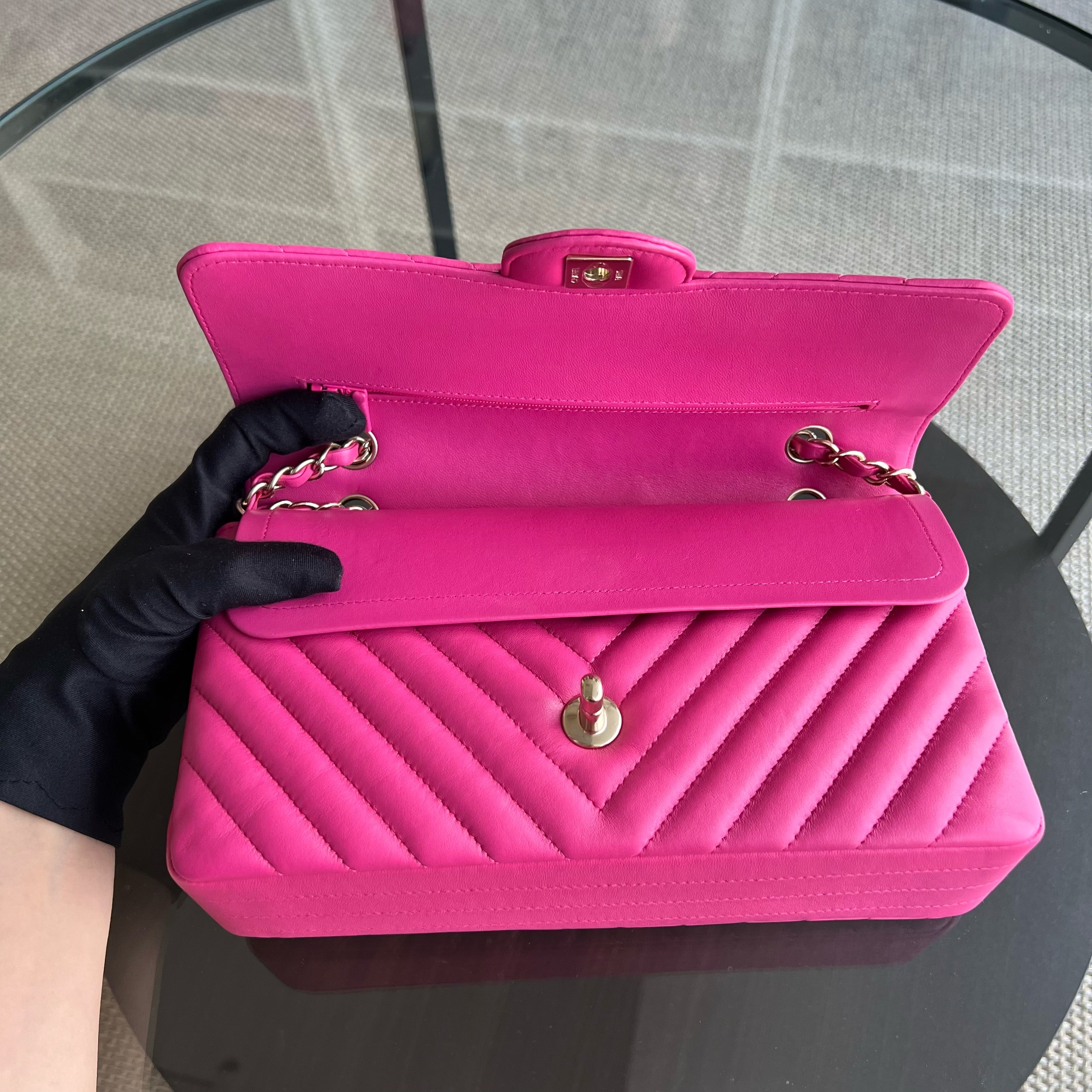 Chanel Medium Classic Flap Double Flap Chevron Lambskin Hot Pink Light Golden Hardware Series 24 - Luxury Evermore