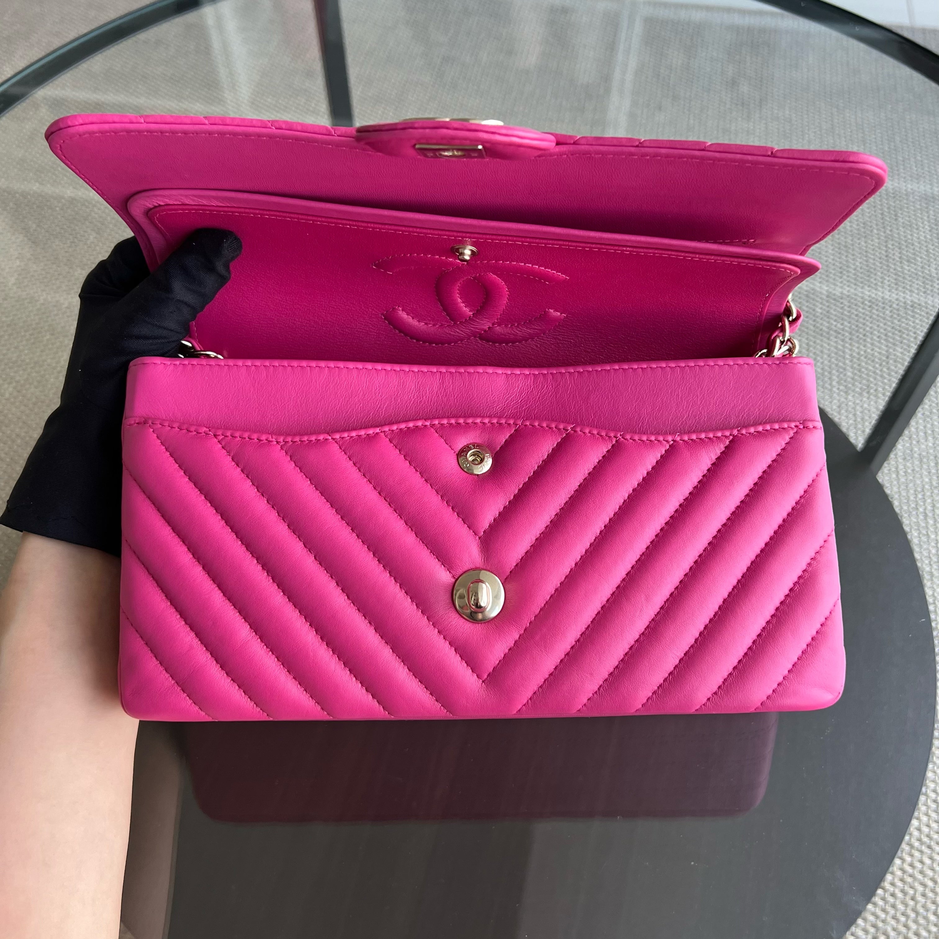 Chanel Medium Classic Flap Double Flap Chevron Lambskin Hot Pink Light Golden Hardware Series 24 - Luxury Evermore