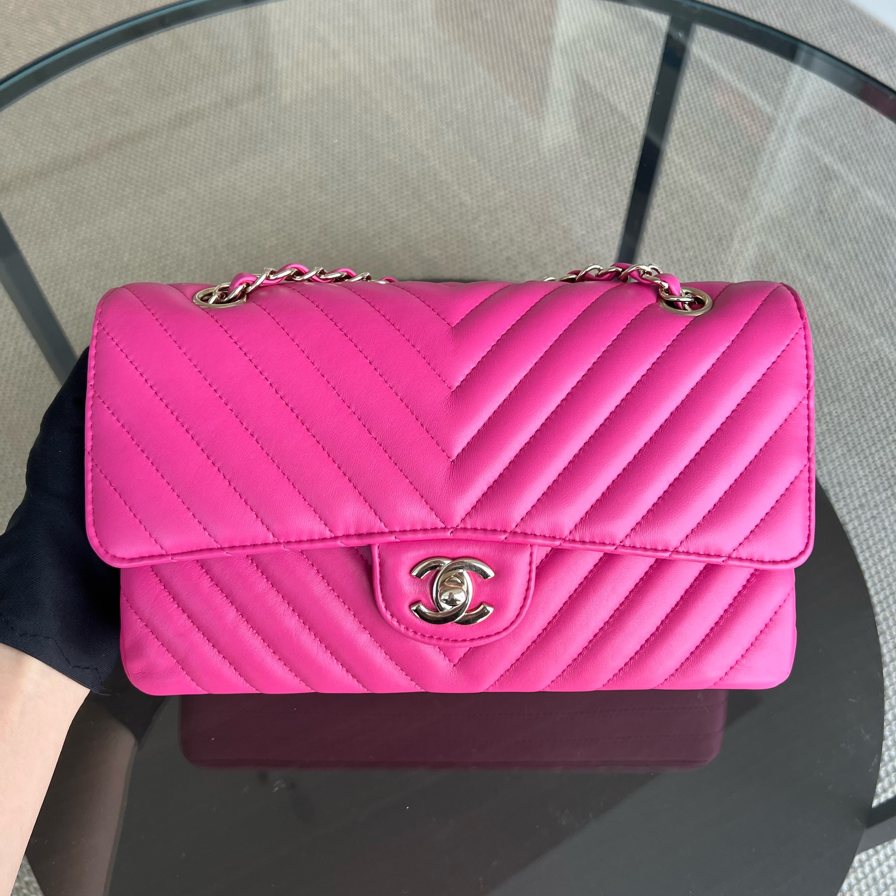 Chanel Medium Classic Flap Double Flap Chevron Lambskin Hot Pink Light Golden Hardware Series 24 - Luxury Evermore