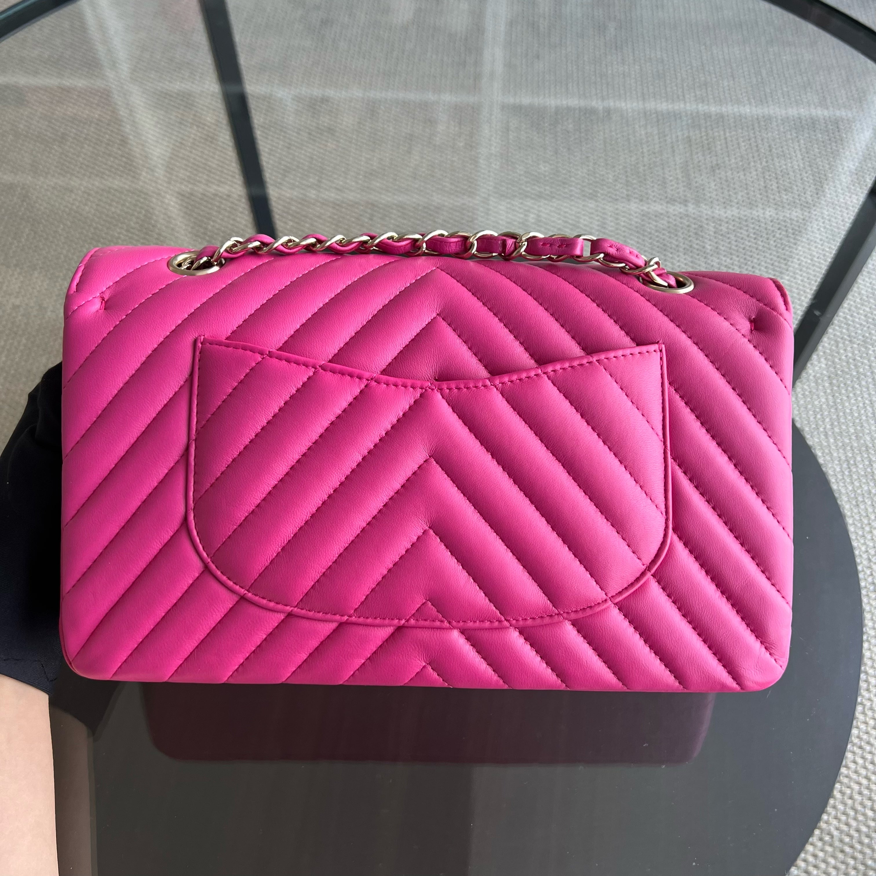 Chanel Medium Classic Flap Double Flap Chevron Lambskin Hot Pink Light Golden Hardware Series 24 - Luxury Evermore