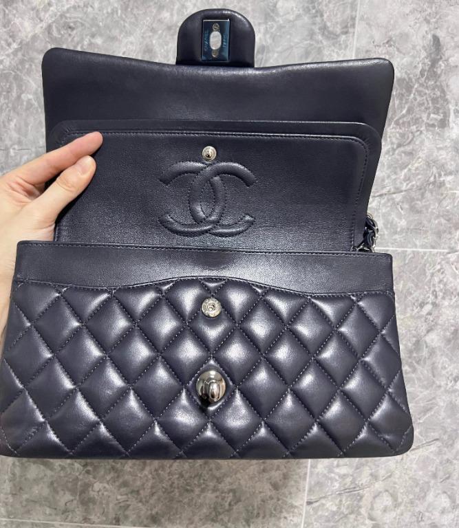 Chanel Medium Classic Flap Double Flap Lambskin Navy Blue SHW No 23 - Luxury Evermore