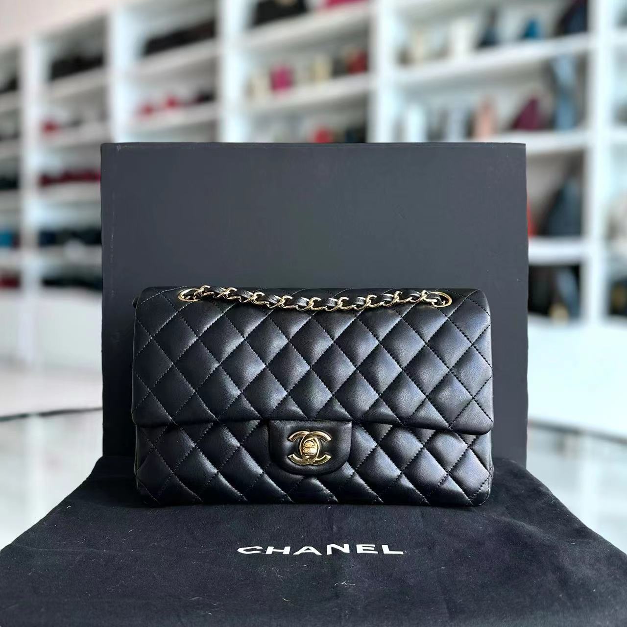 Chanel Medium Classic Flap Double Flap Quilted Lambskin Black GHW No 15 - Luxury Evermore