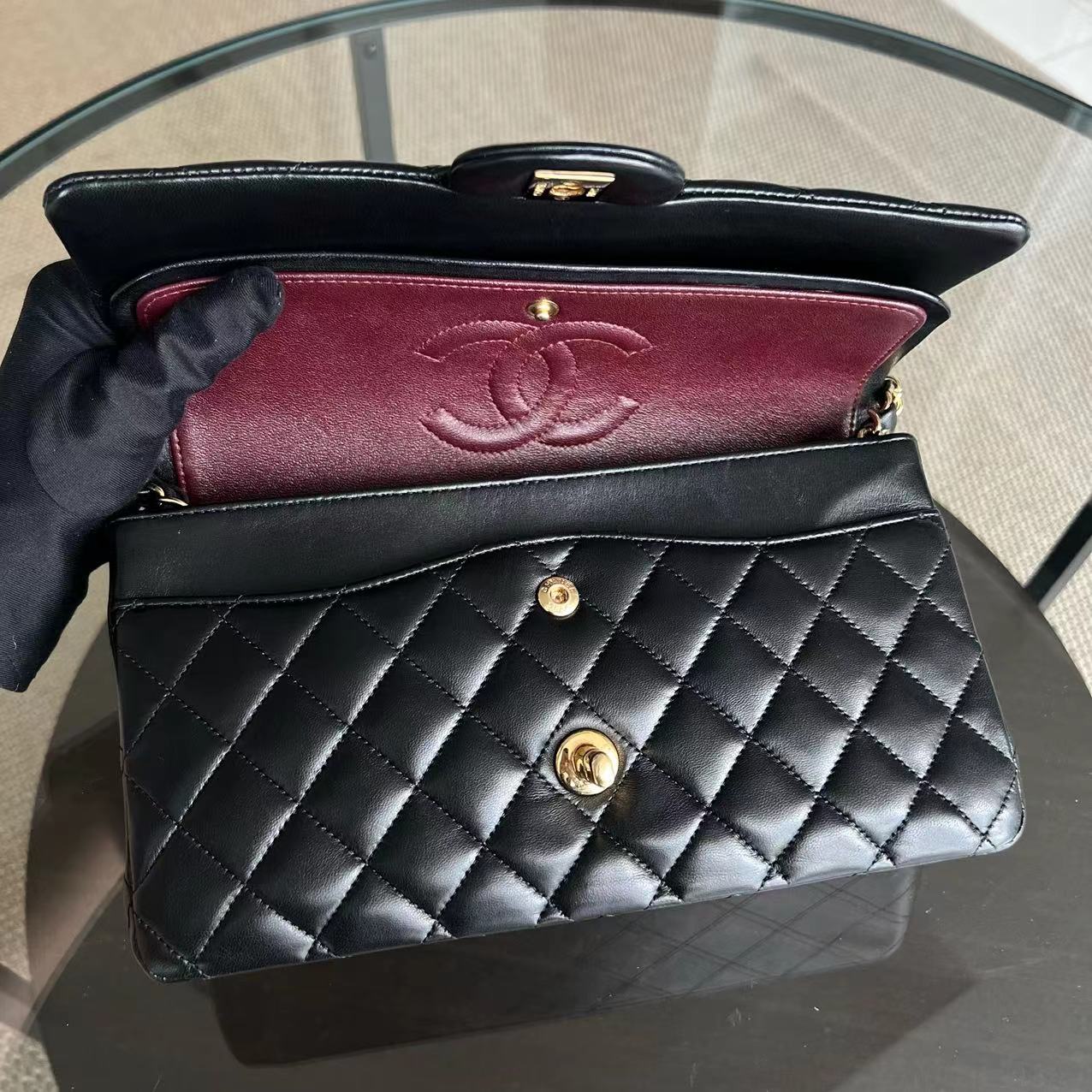 Chanel Medium Classic Flap Double Flap Quilted Lambskin Black GHW No 15 - Luxury Evermore