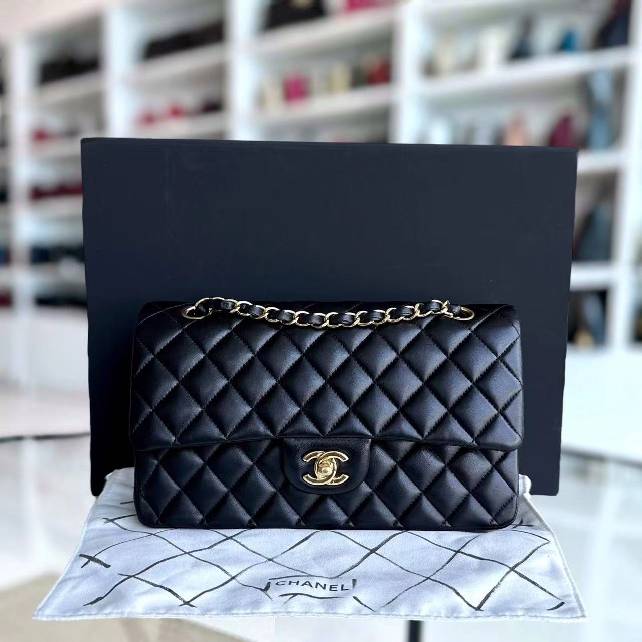 Chanel Medium Classic Flap Double Flap Quilted Lambskin Black Golden Hardware Series 19 - Luxury Evermore