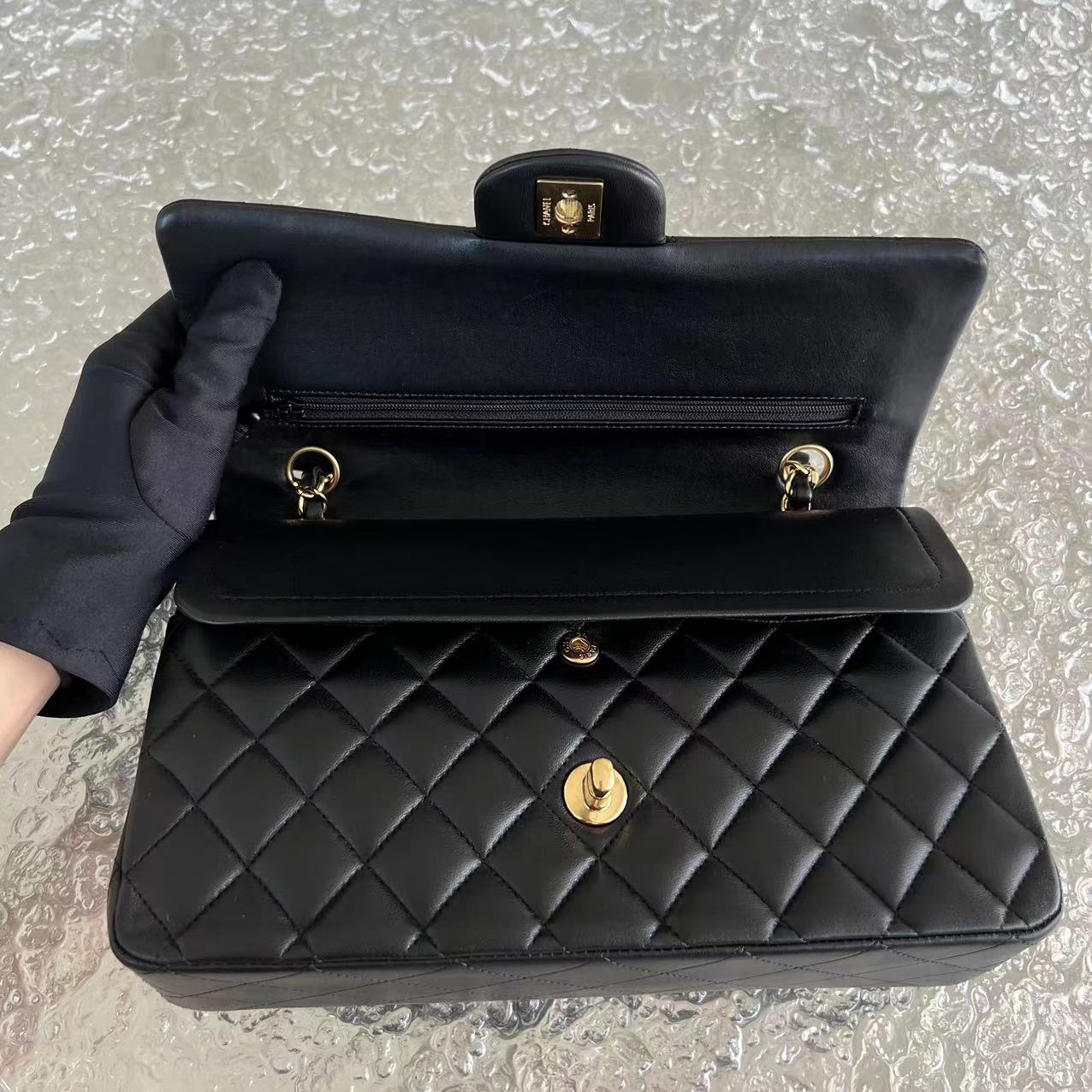 Chanel Medium Classic Flap Double Flap Quilted Lambskin Black Golden Hardware Series 19 - Luxury Evermore