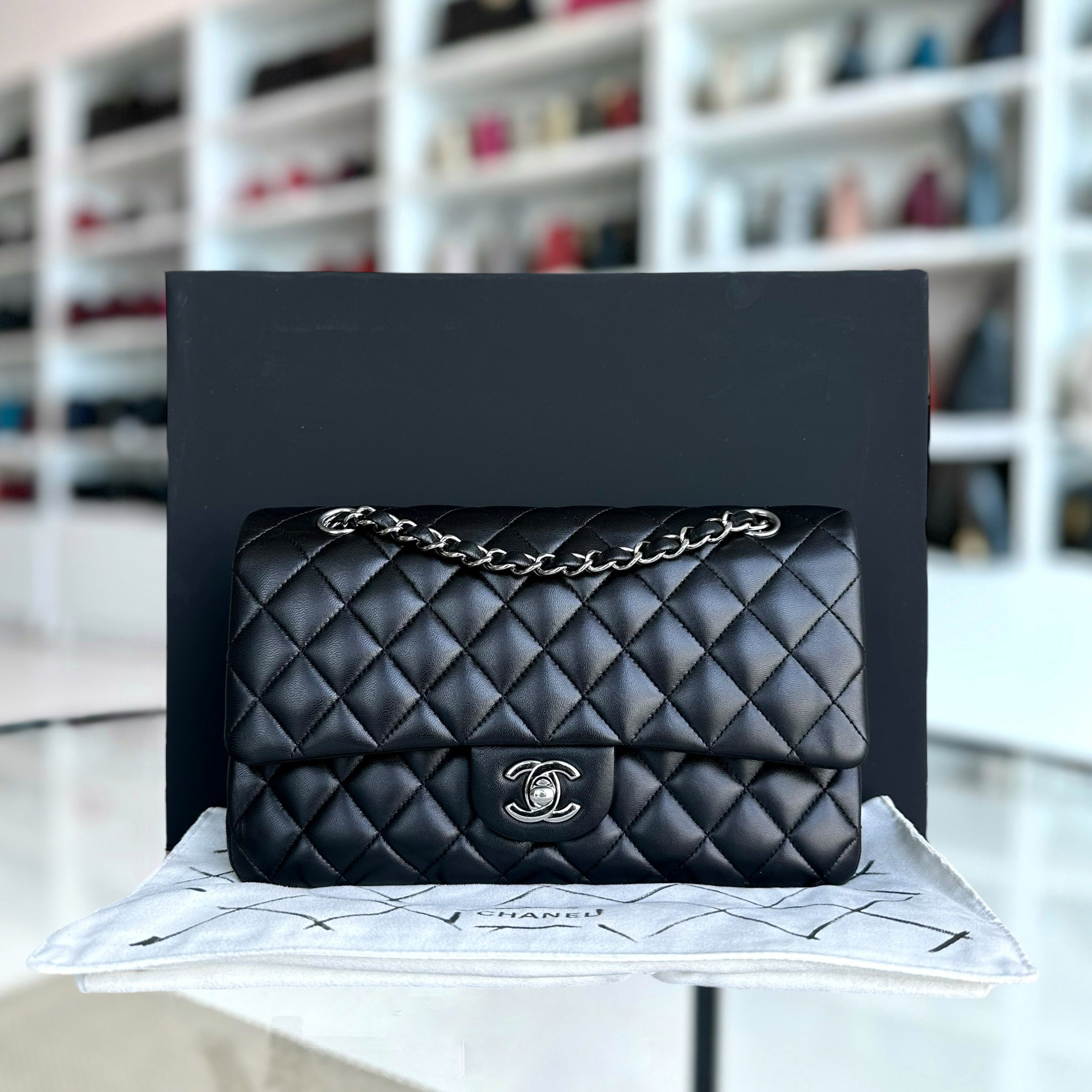 Chanel Medium Classic Flap Double Flap Quilted Lambskin Black Silver Hardware Series 19 - Luxury Evermore