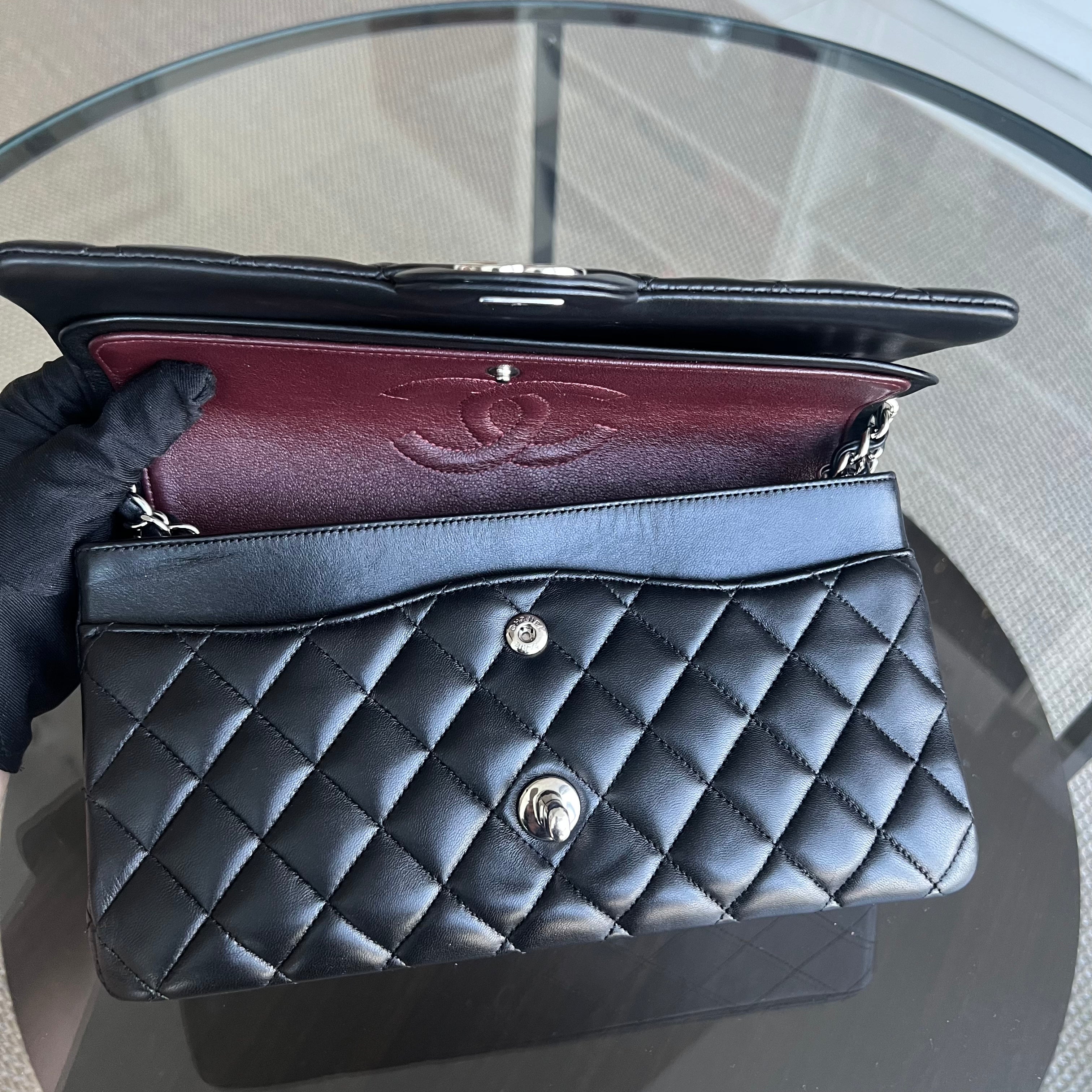 Chanel Medium Classic Flap Double Flap Quilted Lambskin Black Silver Hardware Series 19 - Luxury Evermore