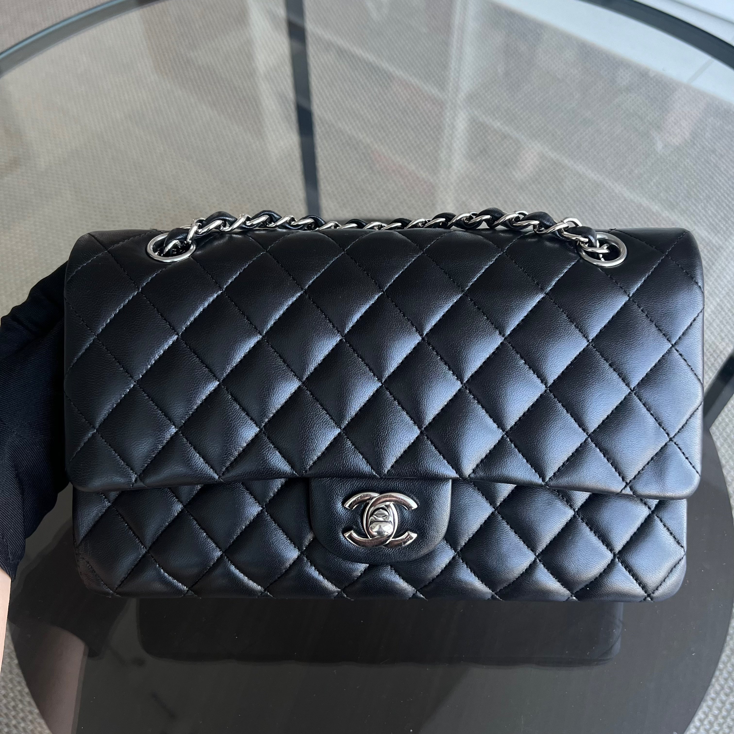 Chanel Medium Classic Flap Double Flap Quilted Lambskin Black Silver Hardware Series 19 - Luxury Evermore