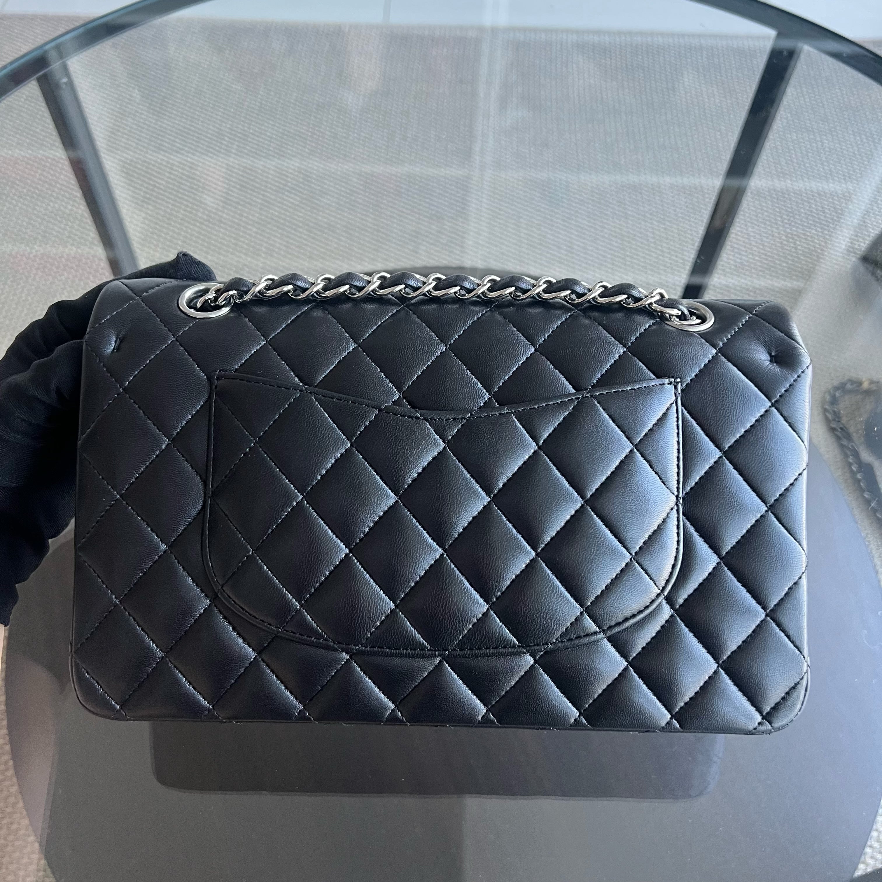 Chanel Medium Classic Flap Double Flap Quilted Lambskin Black Silver Hardware Series 19 - Luxury Evermore