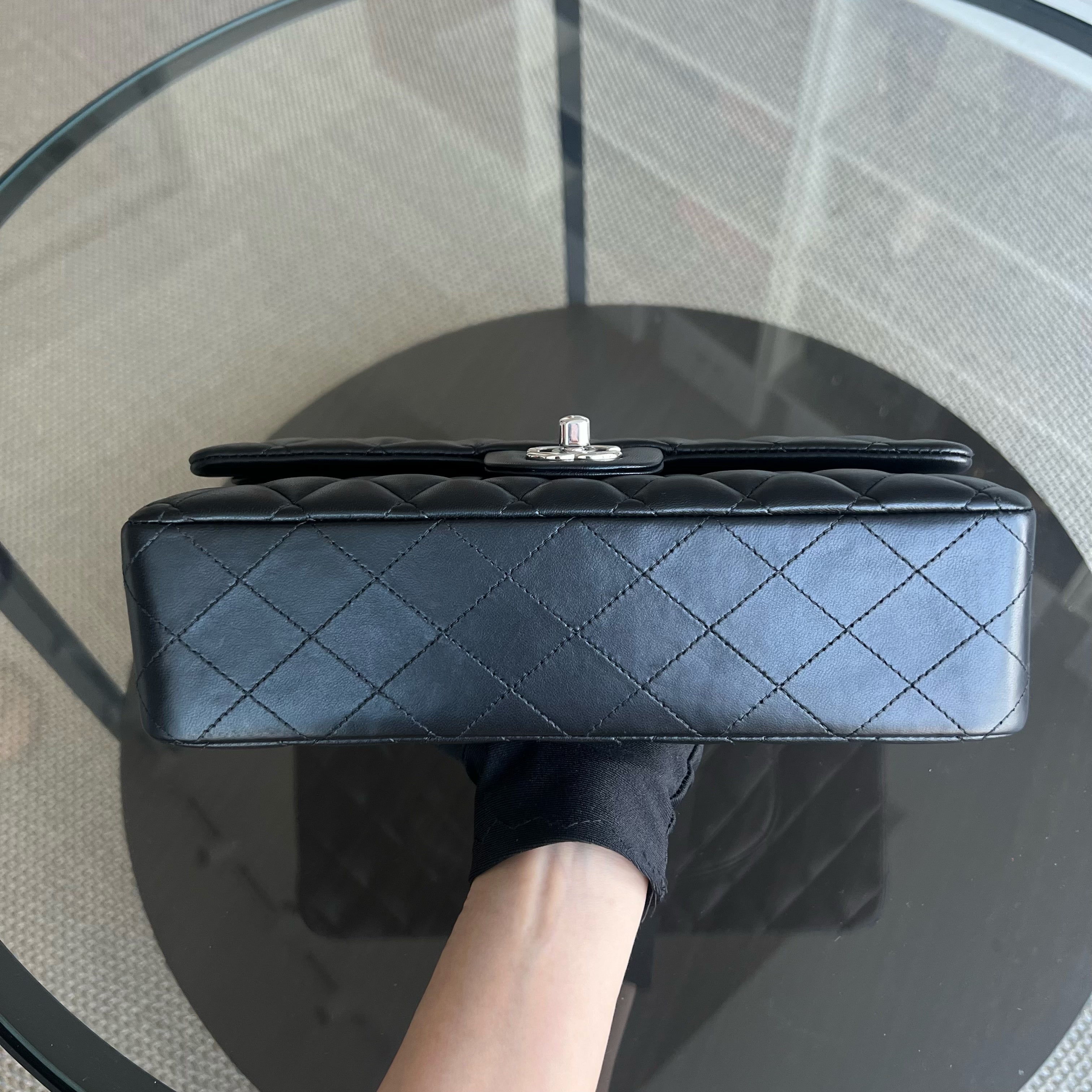 Chanel Medium Classic Flap Double Flap Quilted Lambskin Black Silver Hardware Series 19 - Luxury Evermore