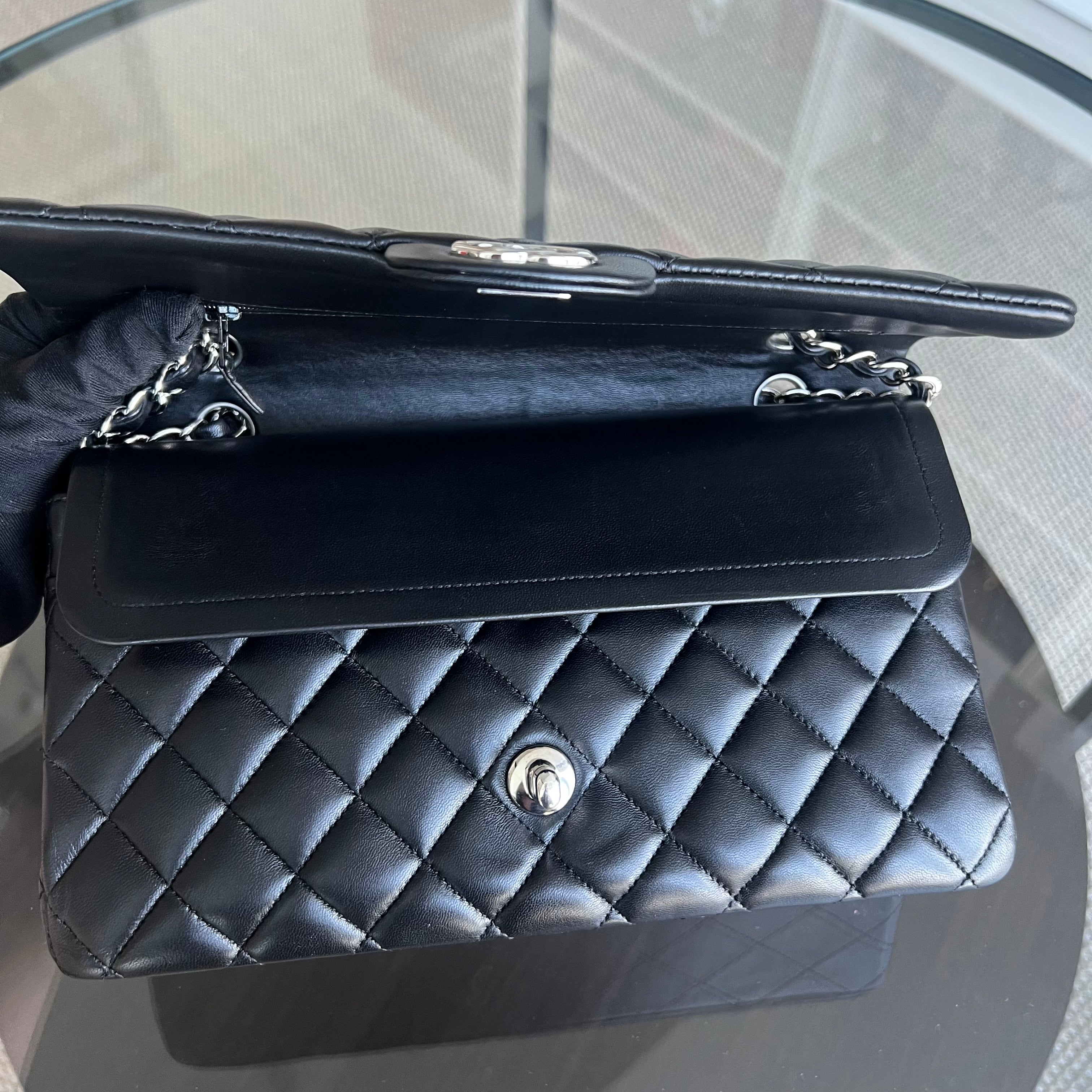 Chanel Medium Classic Flap Double Flap Quilted Lambskin Black Silver Hardware Series 19 - Luxury Evermore