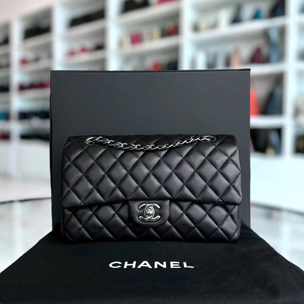 Chanel Medium Classic Flap Double Flap Quilted Lambskin Black Silver Hardware Series 20 - Luxury Evermore