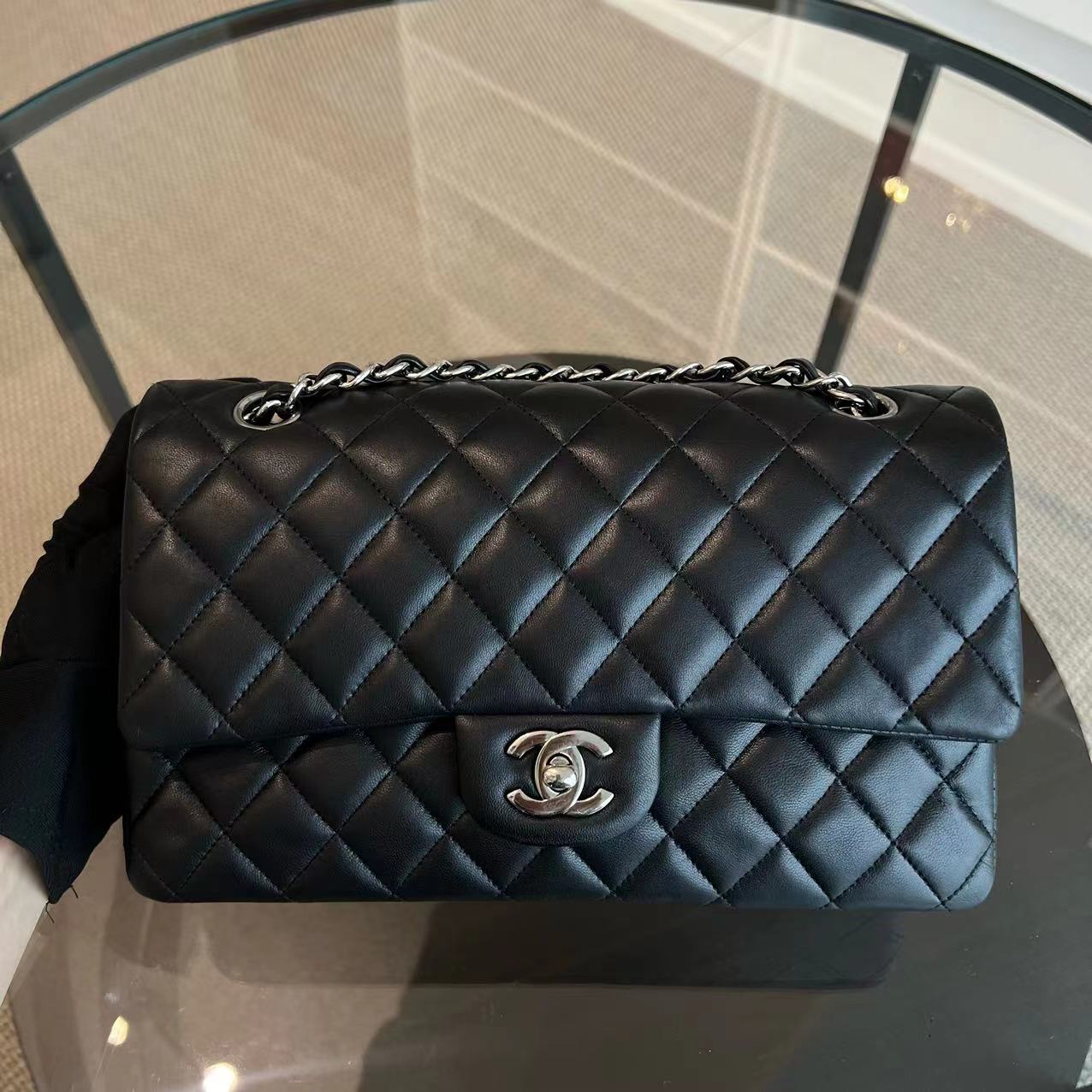 Chanel Medium Classic Flap Double Flap Quilted Lambskin Black Silver Hardware Series 20 - Luxury Evermore