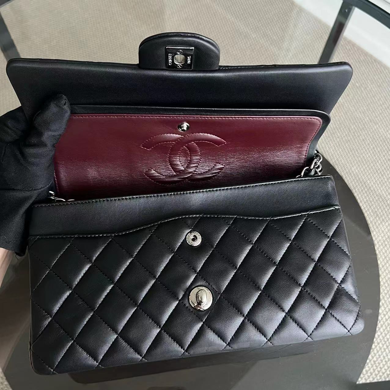 Chanel Medium Classic Flap Double Flap Quilted Lambskin Black Silver Hardware Series 20 - Luxury Evermore