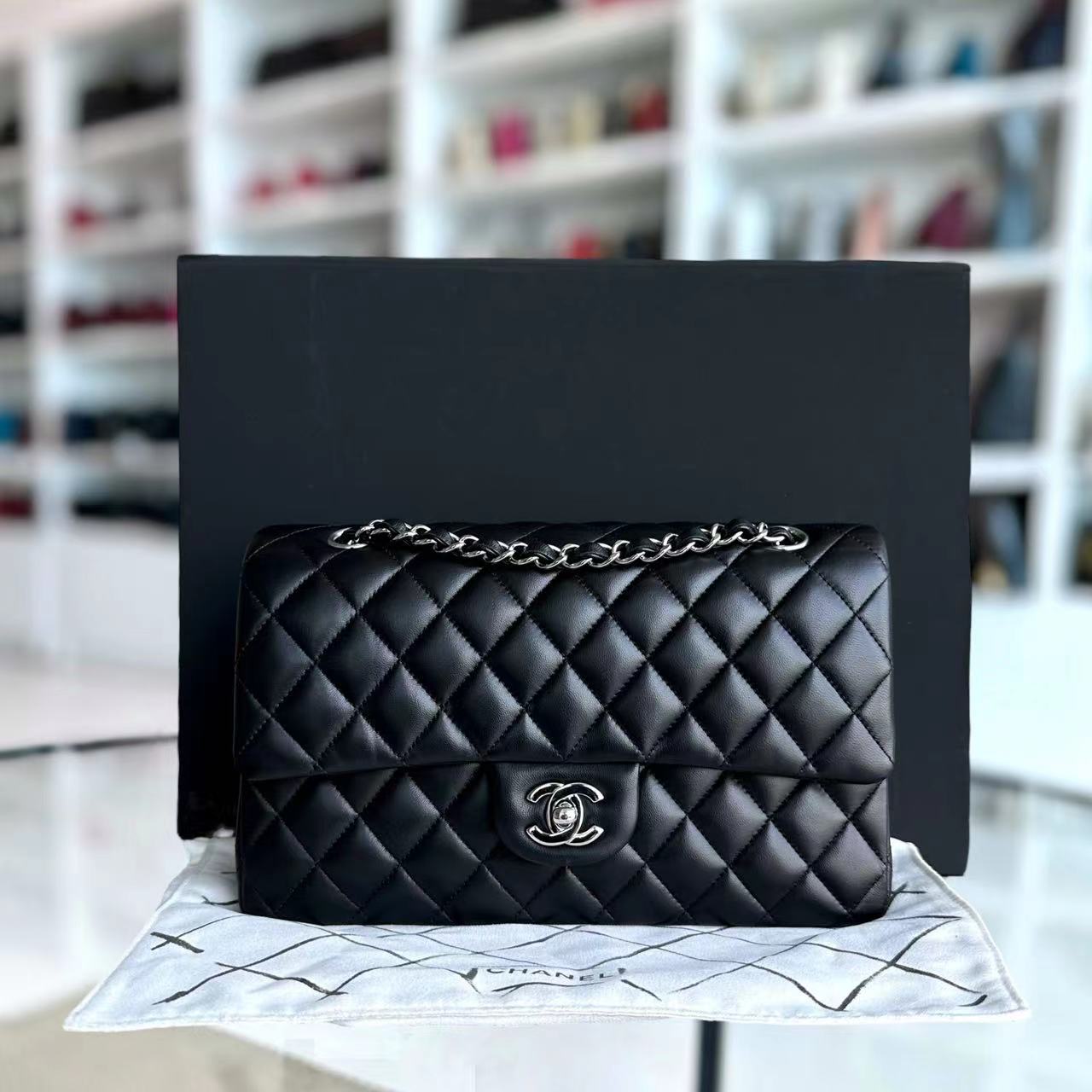 Chanel Medium Classic Flap Double Flap Quilted Lambskin Black Silver Hardware Series 23 - Luxury Evermore