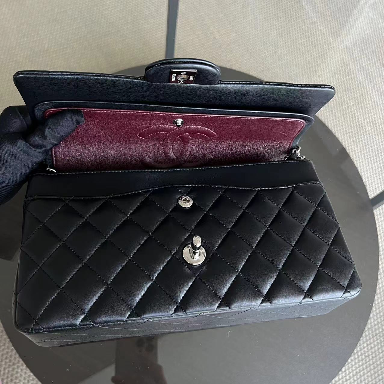 Chanel Medium Classic Flap Double Flap Quilted Lambskin Black Silver Hardware Series 23 - Luxury Evermore