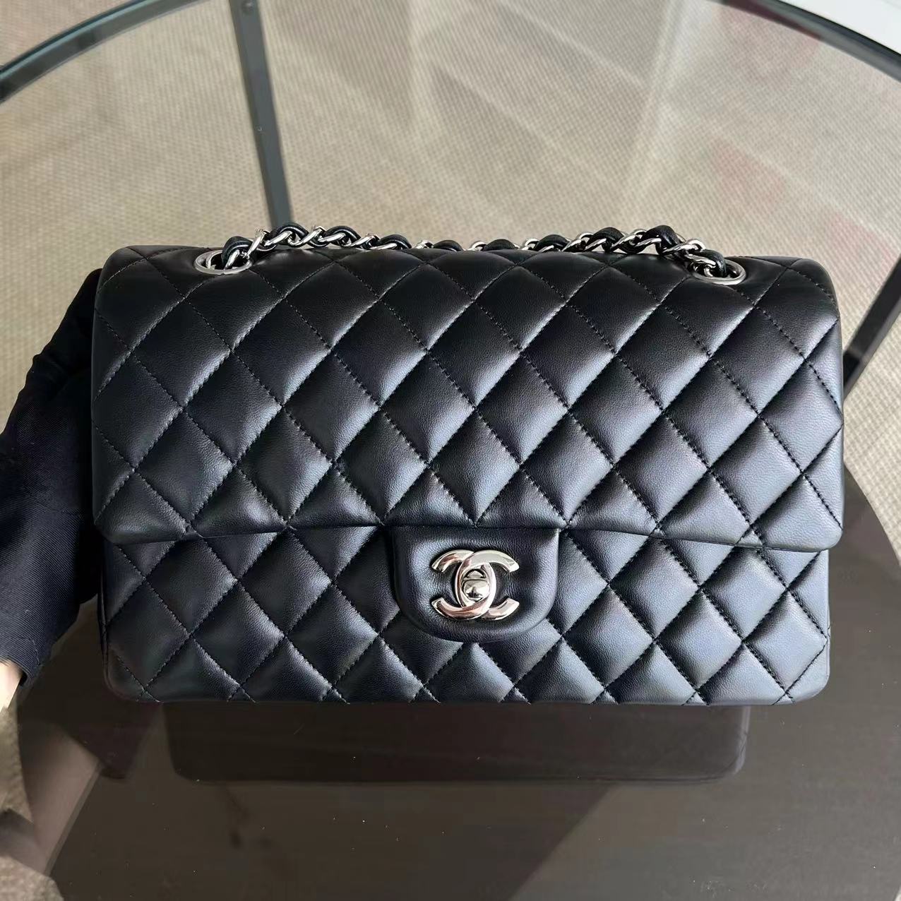 Chanel Medium Classic Flap Double Flap Quilted Lambskin Black Silver Hardware Series 23 - Luxury Evermore