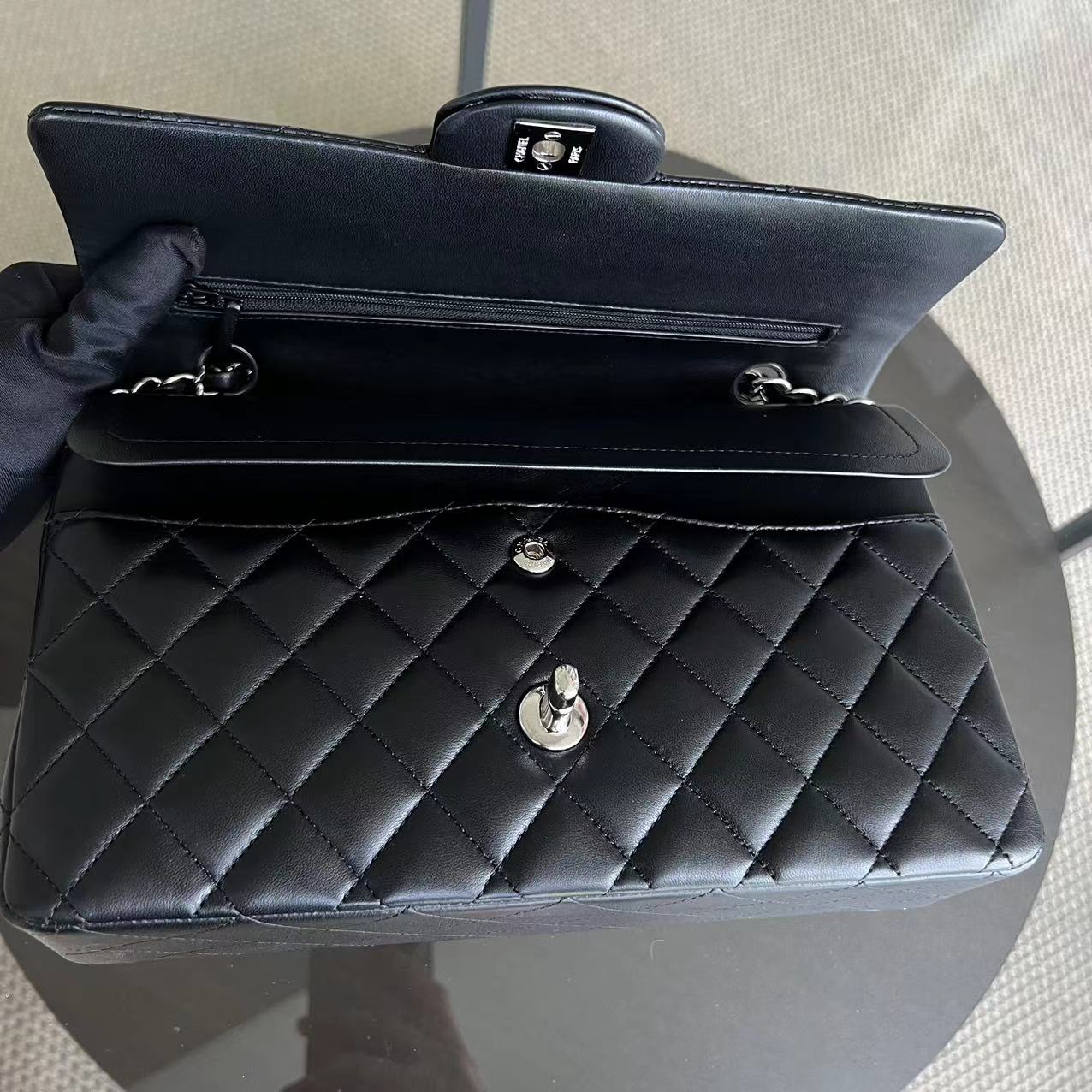 Chanel Medium Classic Flap Double Flap Quilted Lambskin Black Silver Hardware Series 23 - Luxury Evermore