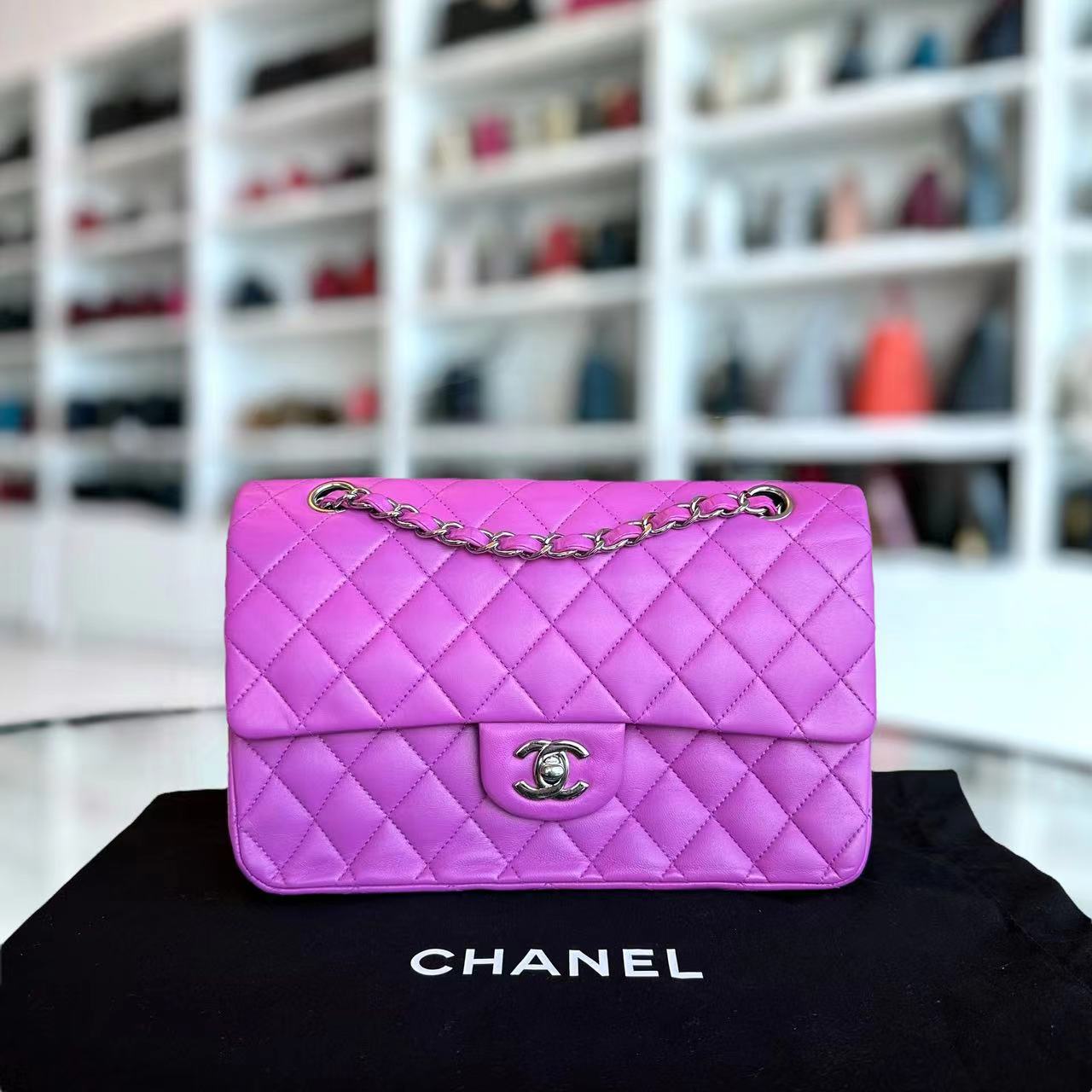 Chanel Medium Classic Flap Double Flap Quilted Lambskin Purple SHW No 14 - Luxury Evermore