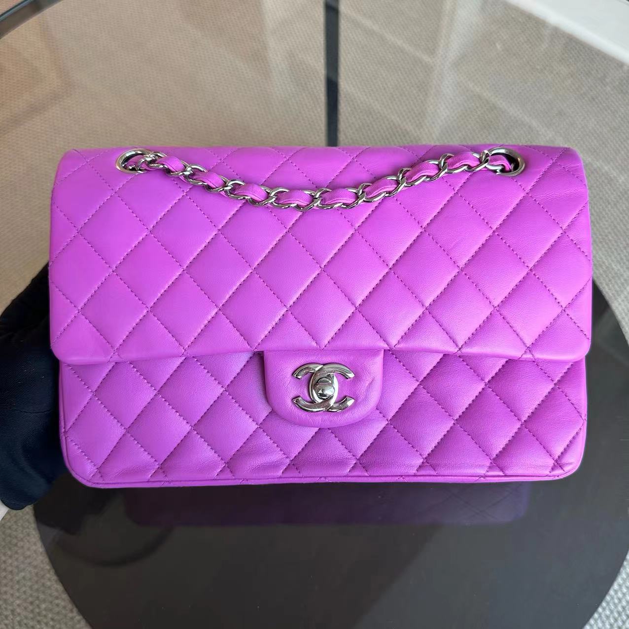 Chanel Medium Classic Flap Double Flap Quilted Lambskin Purple SHW No 14 - Luxury Evermore