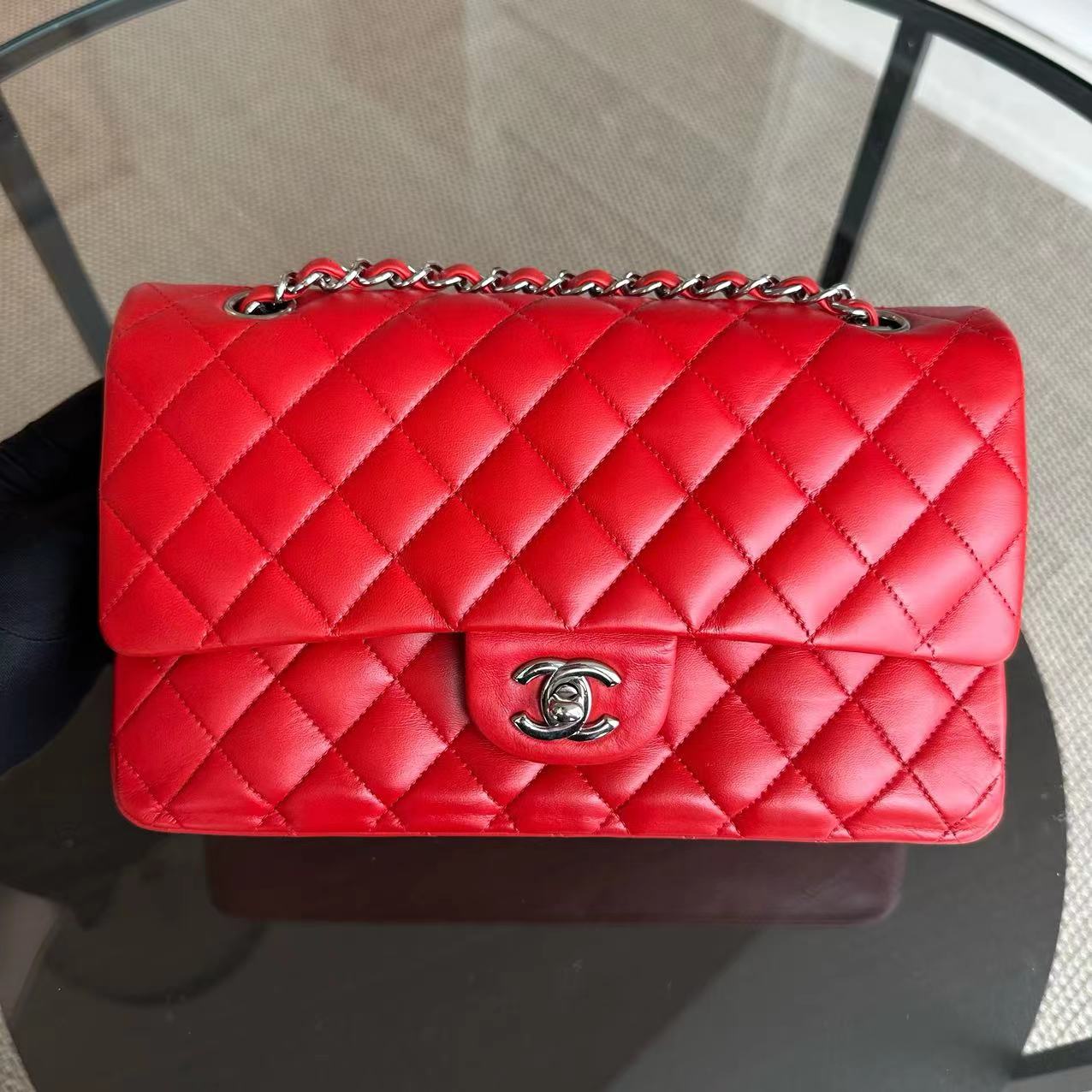 Chanel Medium Classic Flap Double Flap Quilted Lambskin Red SHW No 15 - Luxury Evermore