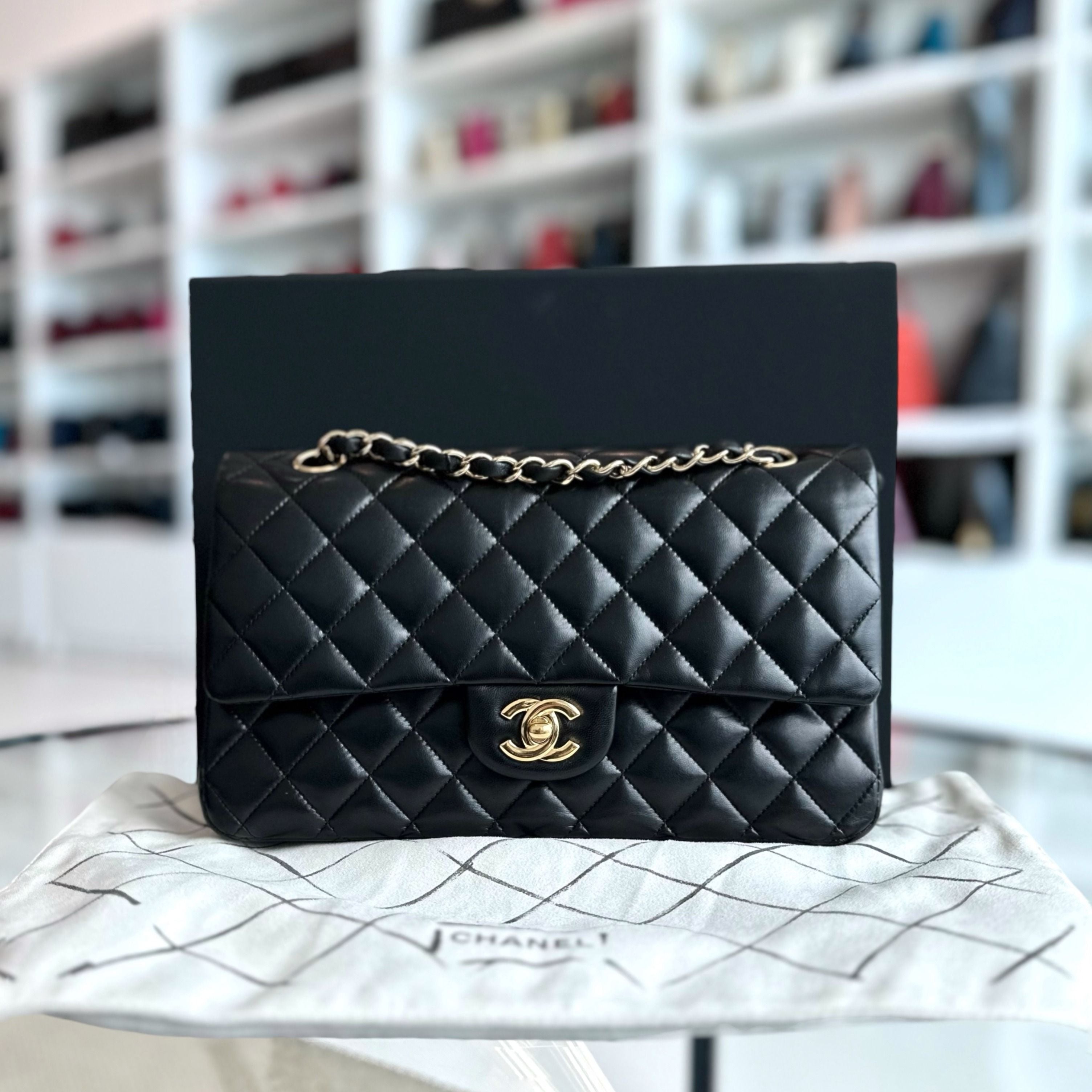 Chanel Medium Classic Flap Lambskin 25CM Quilted Black GHW - Luxury Evermore