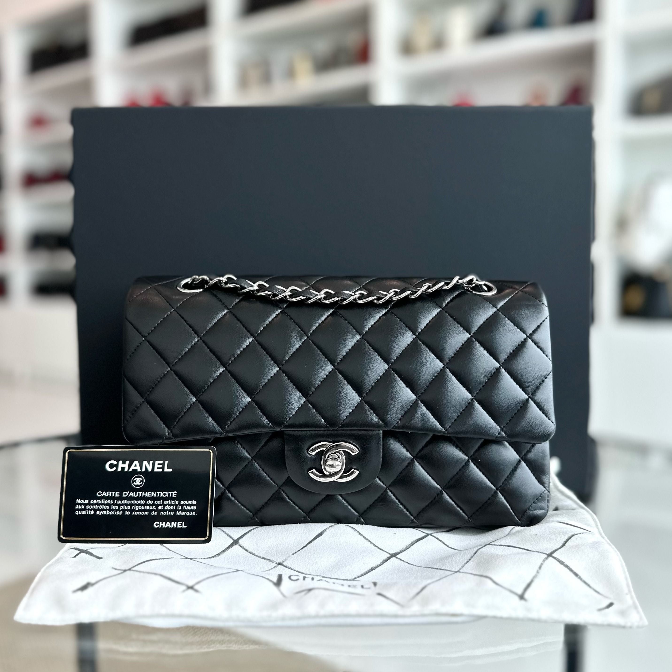 Chanel Medium Classic Flap Lambskin 25CM Quilted Black SHW No 14 - Luxury Evermore