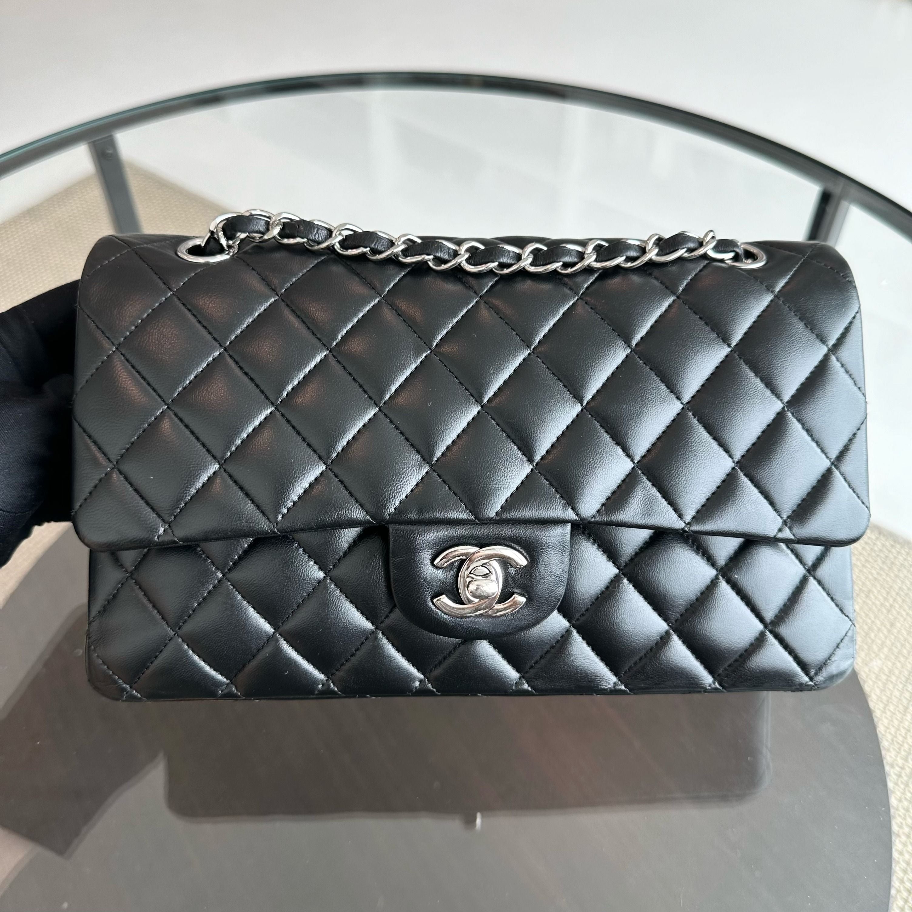 Chanel Medium Classic Flap Lambskin 25CM Quilted Black SHW No 14 - Luxury Evermore