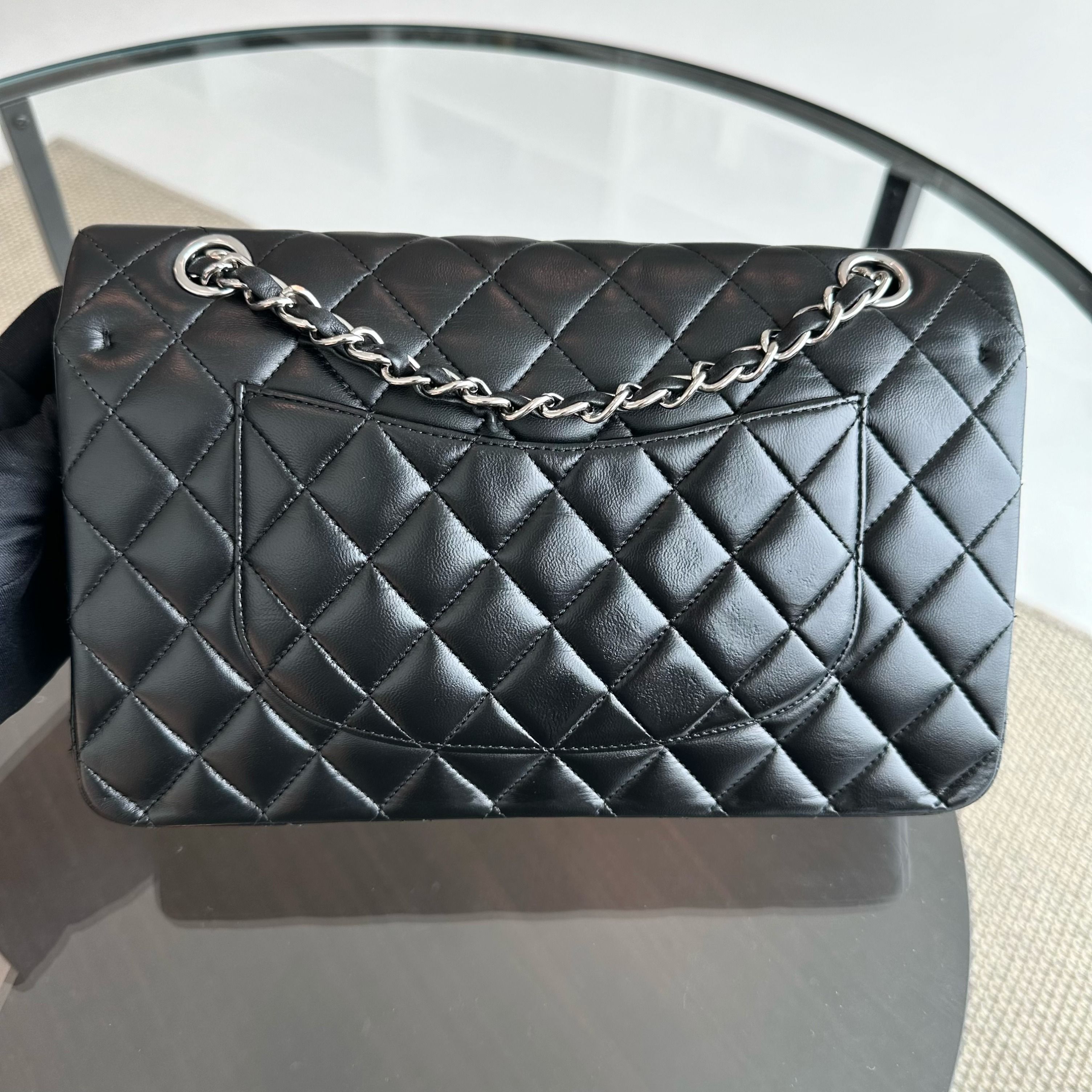 Chanel Medium Classic Flap Lambskin 25CM Quilted Black SHW No 14 - Luxury Evermore