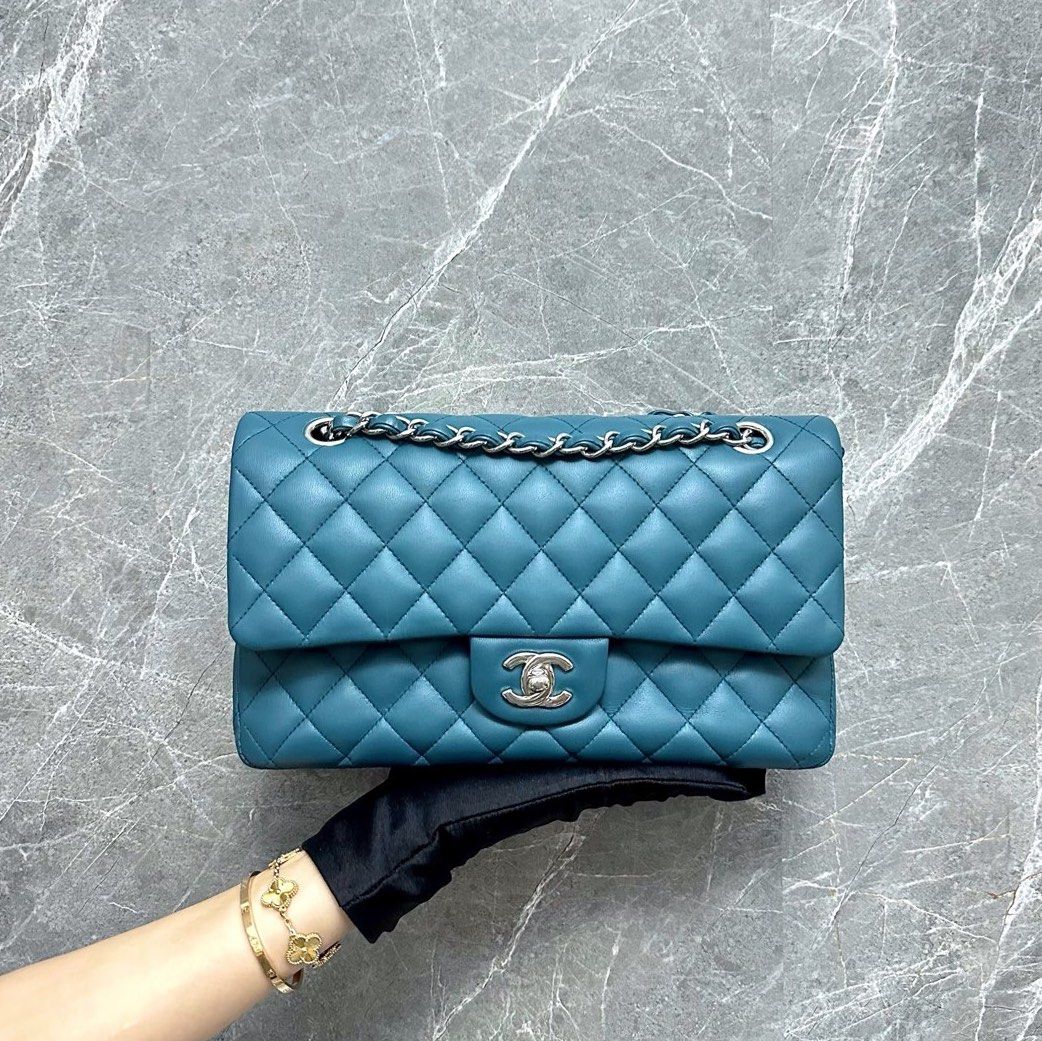 Chanel Medium Classic Flap Lambskin Blue SHW No 17 - Luxury Evermore