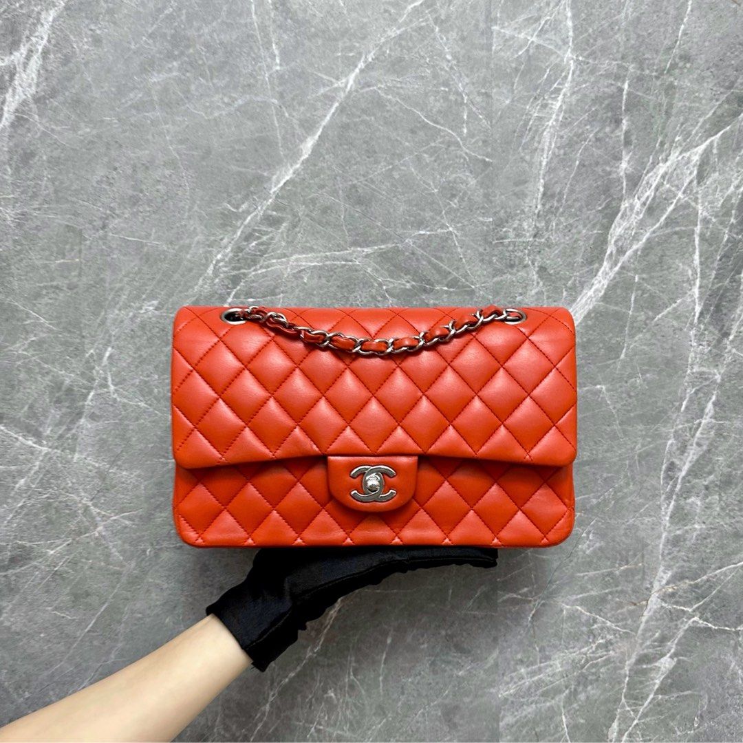 Chanel Medium Classic Flap Lambskin Double Flap Orange SHW No 15 - Luxury Evermore