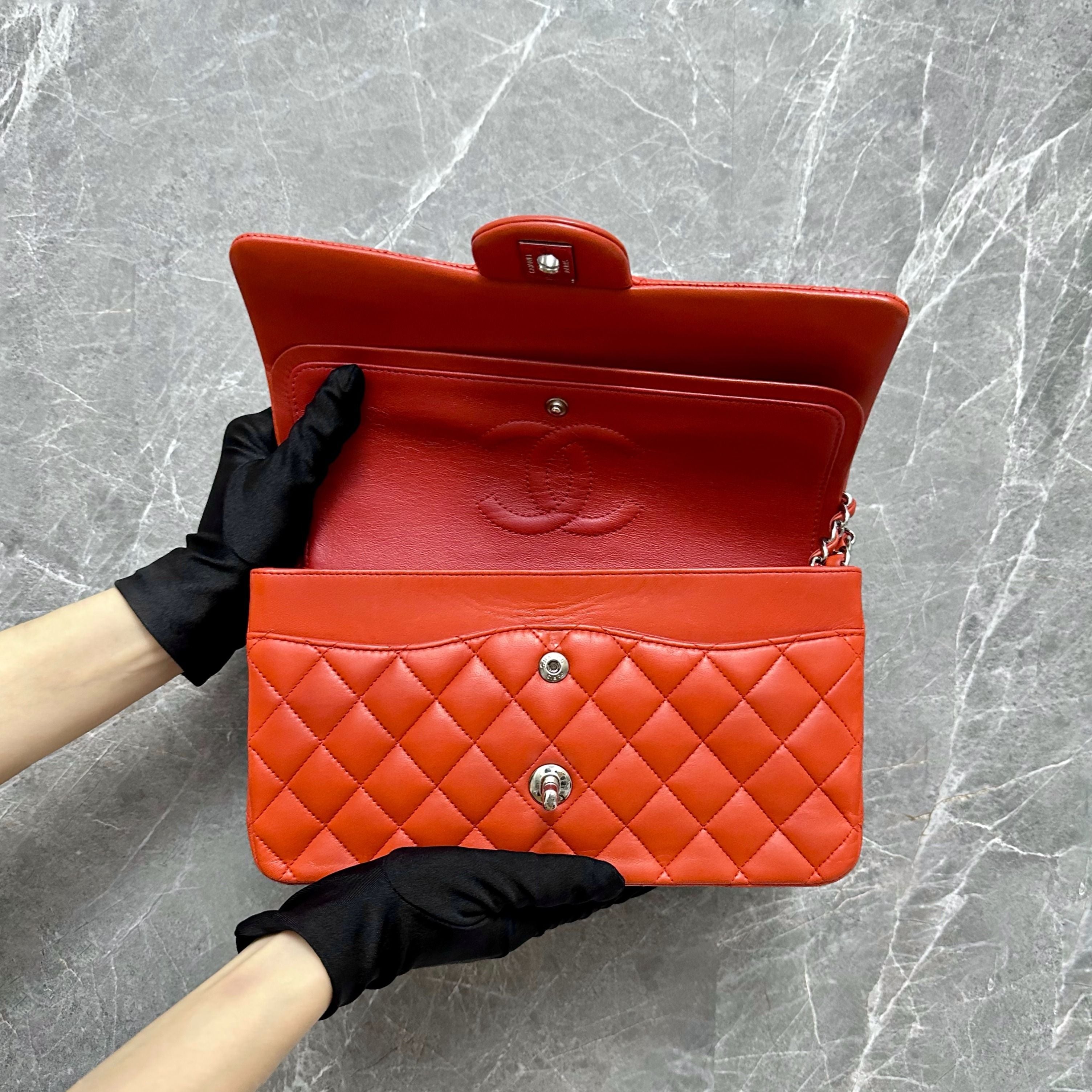 Chanel Medium Classic Flap Lambskin Double Flap Orange SHW No 15 - Luxury Evermore