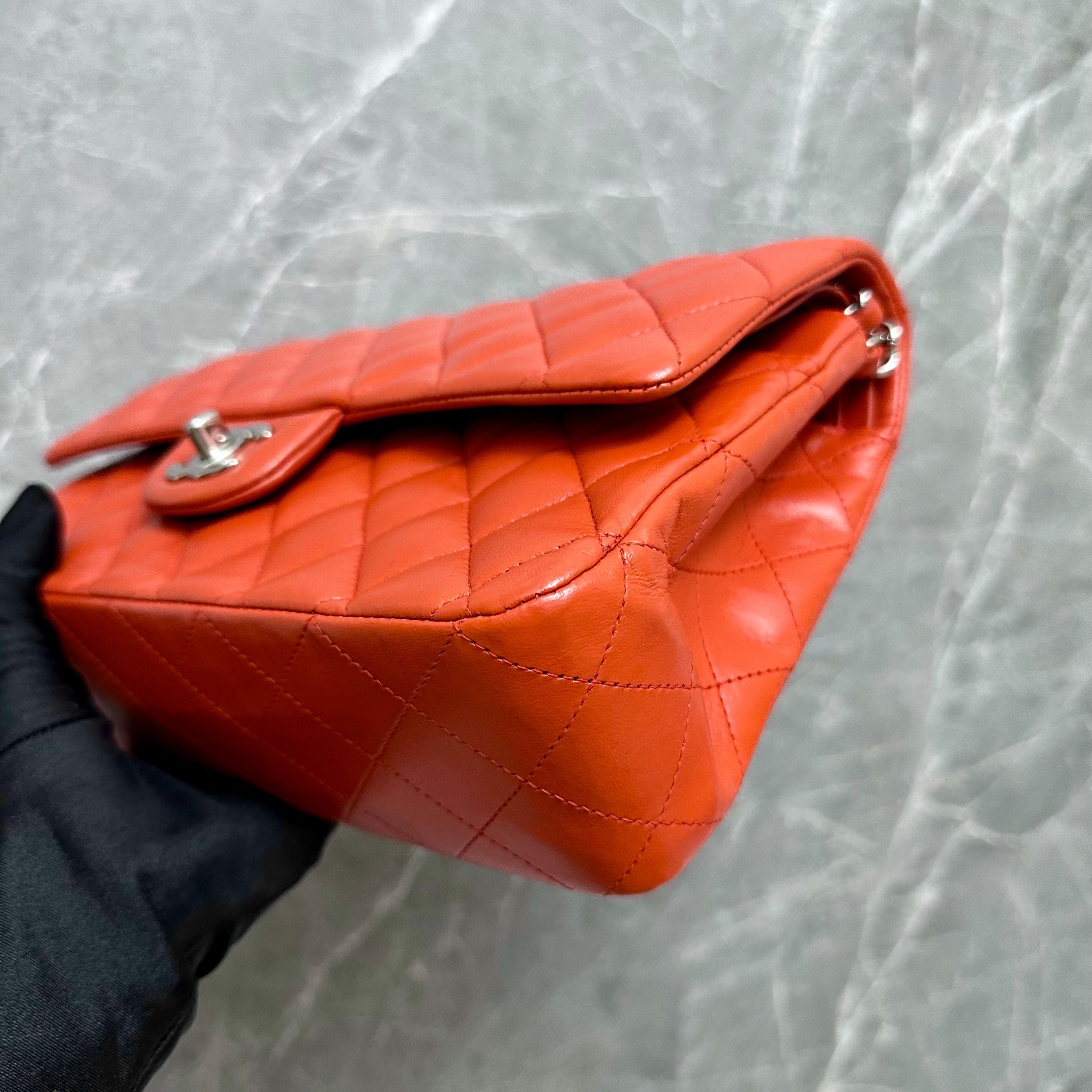 Chanel Medium Classic Flap Lambskin Double Flap Orange SHW No 15 - Luxury Evermore