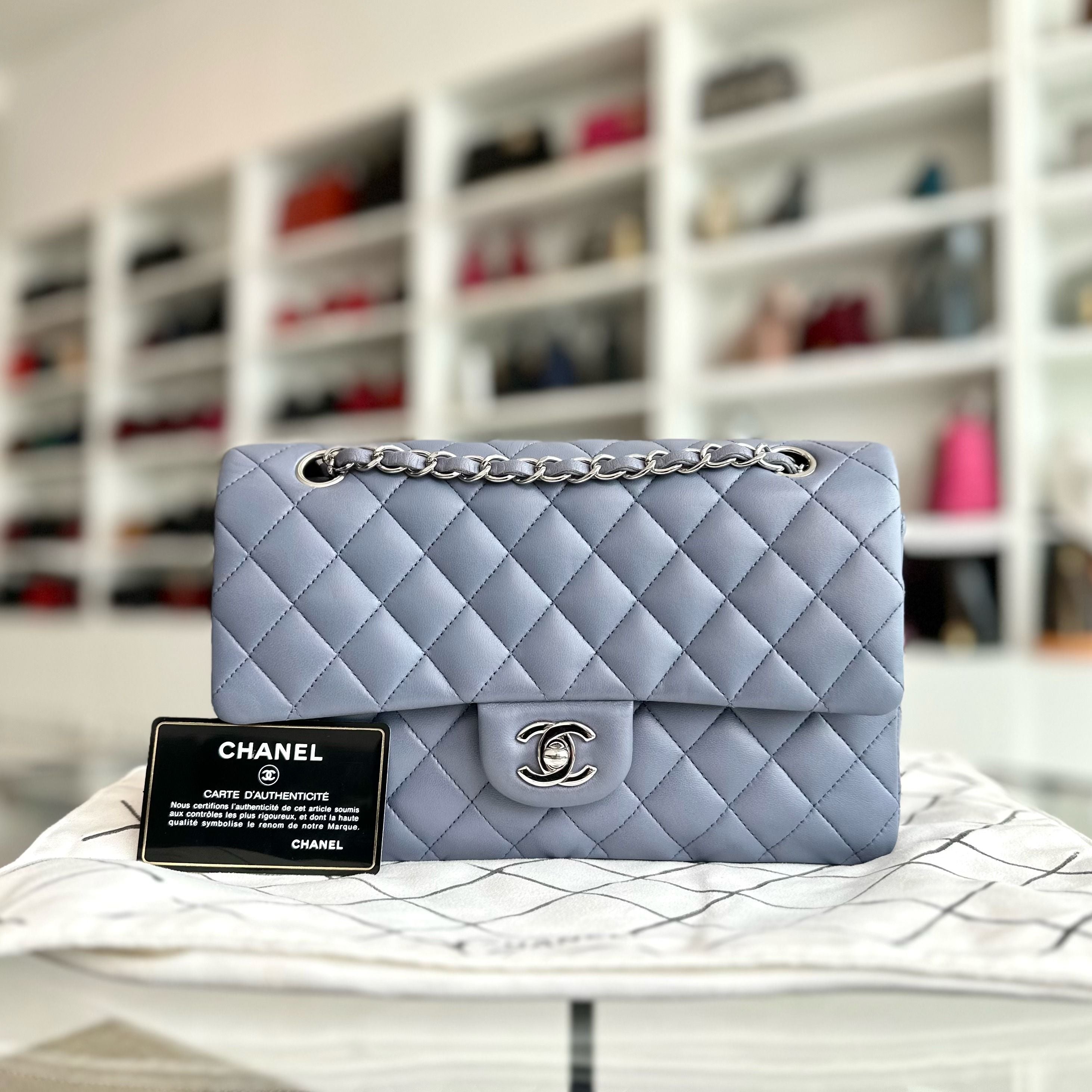 Chanel Medium Classic Flap Lambskin Haze Blue SHW No 15 - Luxury Evermore