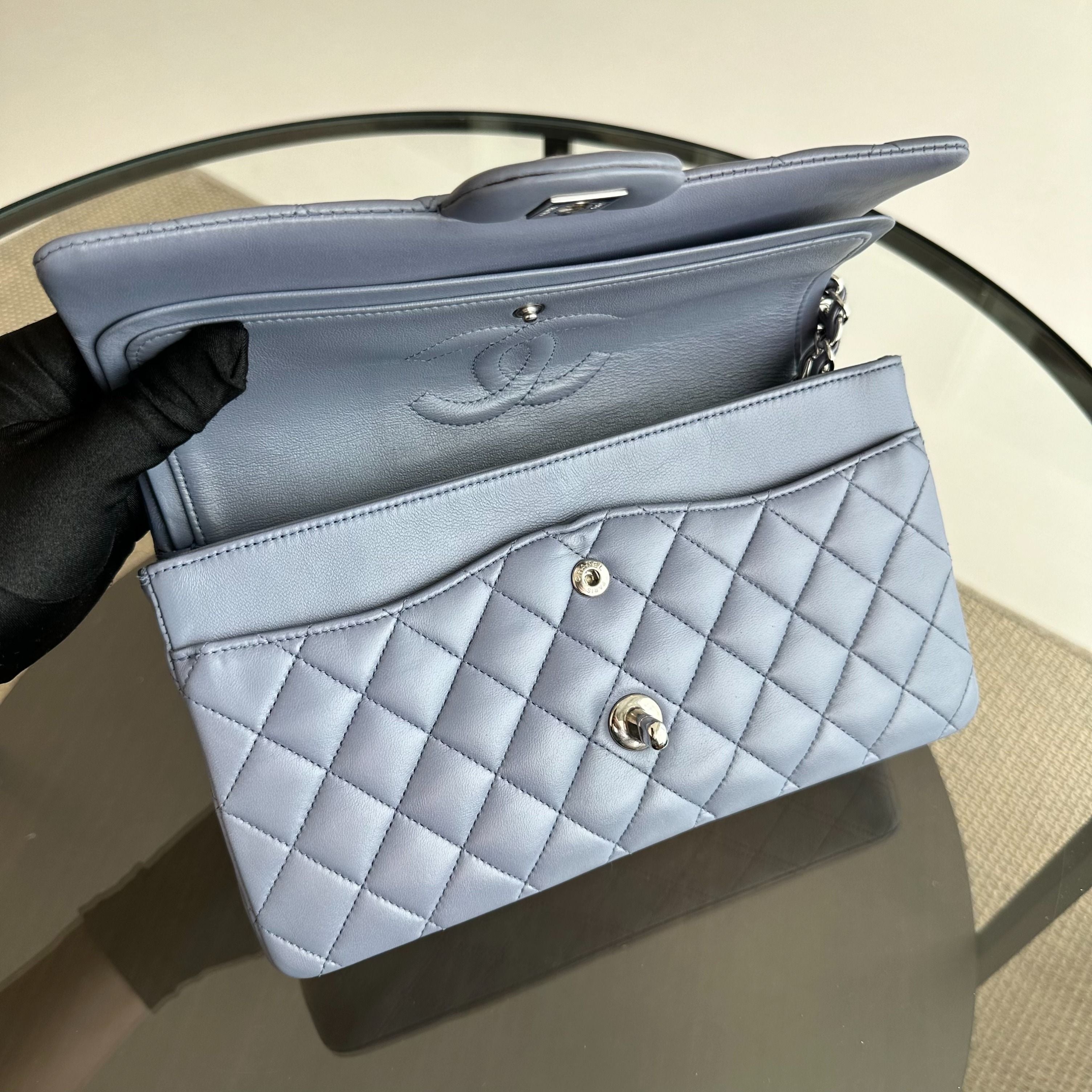 Chanel Medium Classic Flap Lambskin Haze Blue SHW No 15 - Luxury Evermore