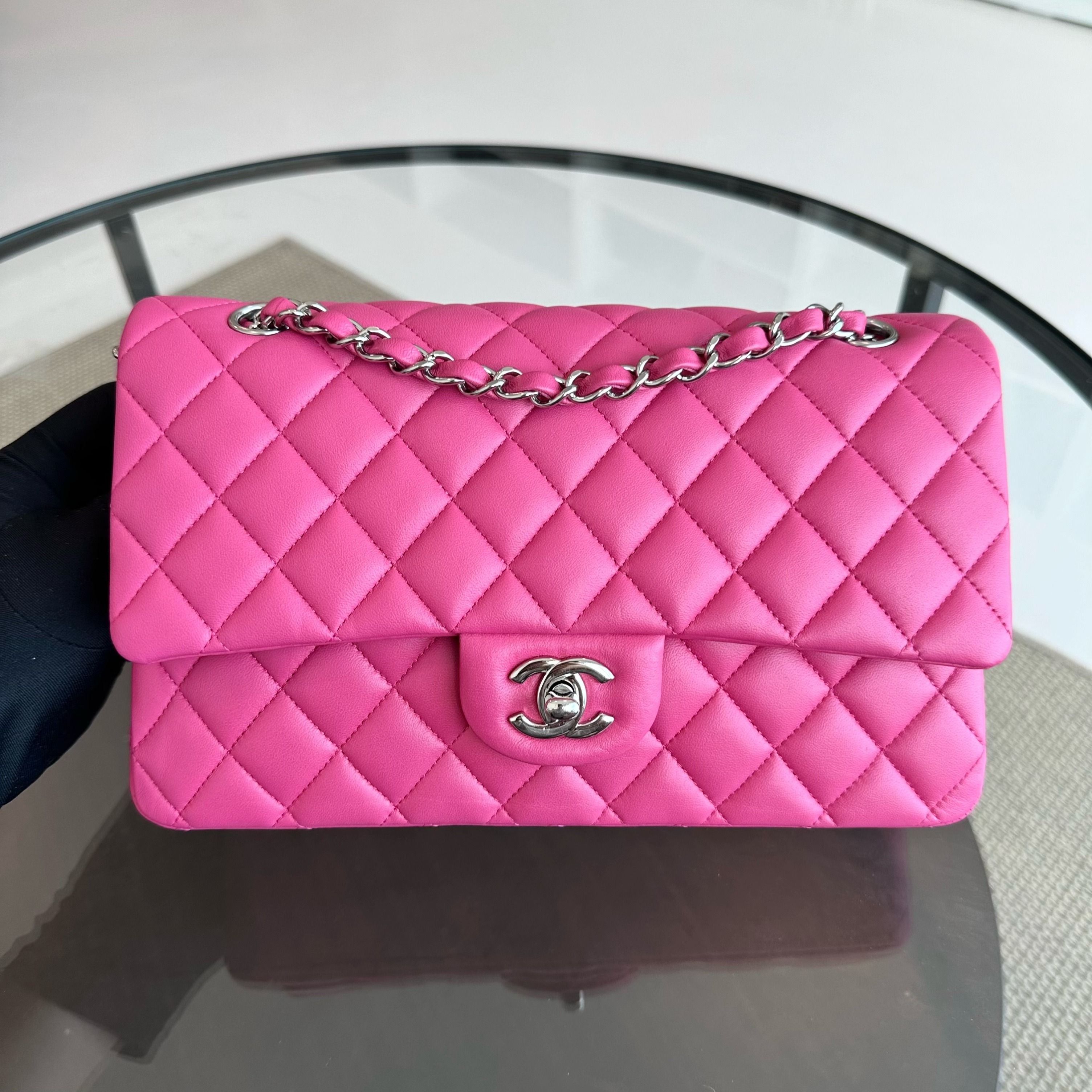 Chanel Medium Classic Flap Lambskin Quilted Hot Pink SHW No 19 - Luxury Evermore