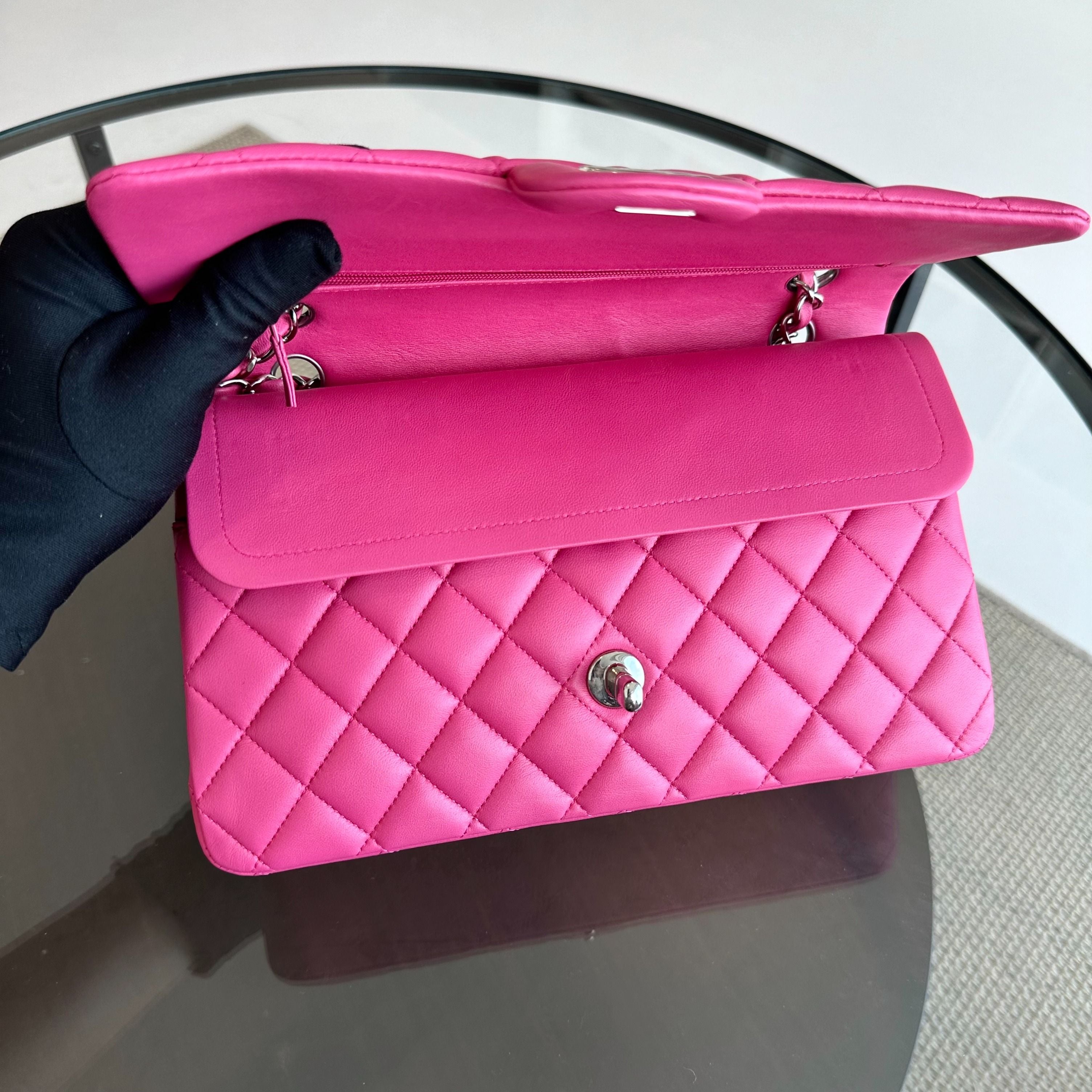 Chanel Medium Classic Flap Lambskin Quilted Hot Pink SHW No 19 - Luxury Evermore